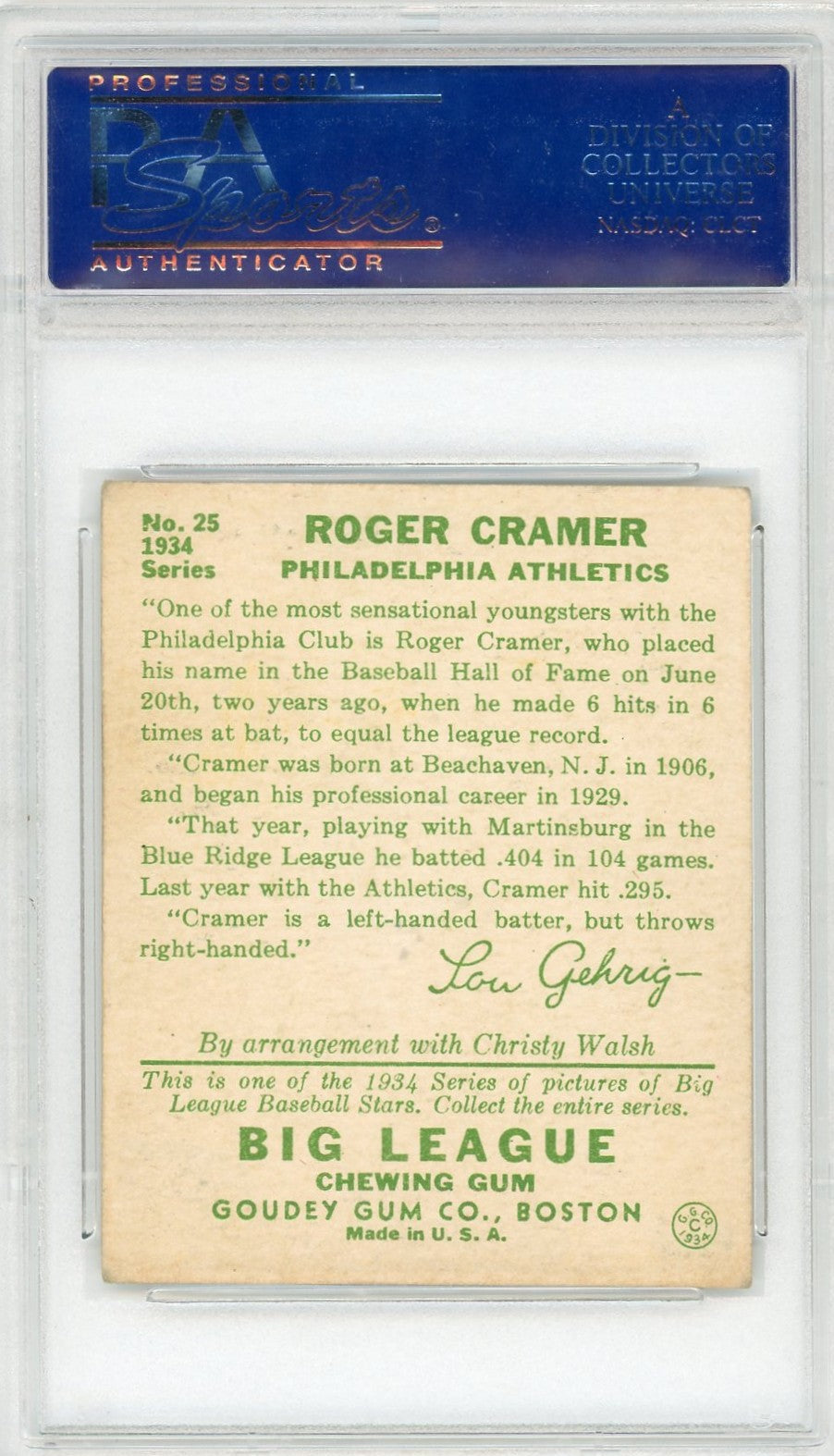 1934 Goudey Roger Cramer #25 PSA 5