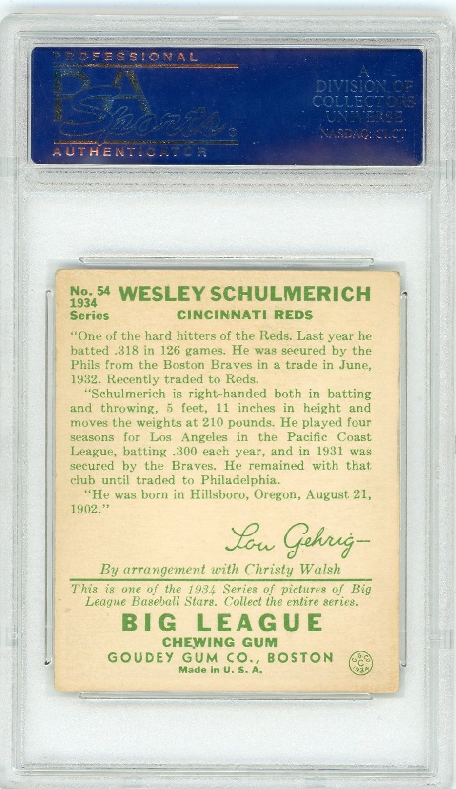 1934 Goudey Wesley Schulmerich #54 PSA 5