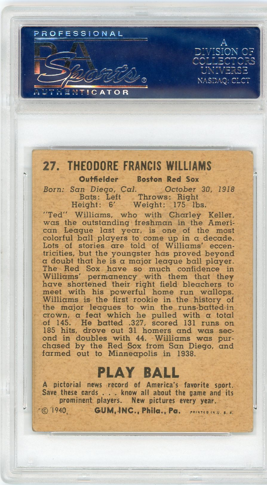1940 Play Ball Ted Williams #27 PSA 4