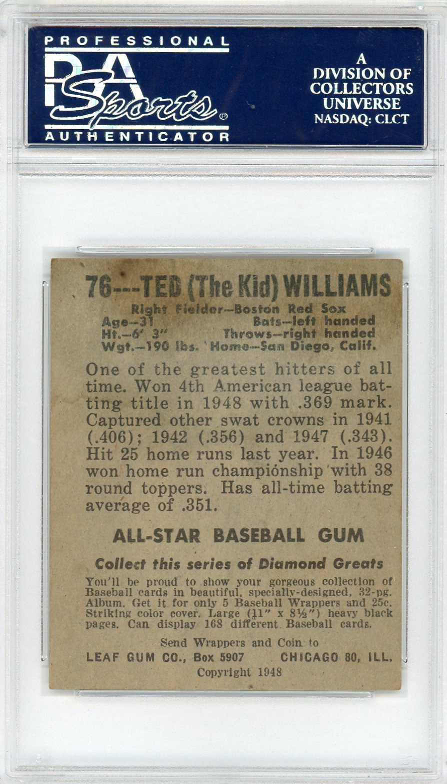 1948 Leaf Ted Williams #76 PSA 2