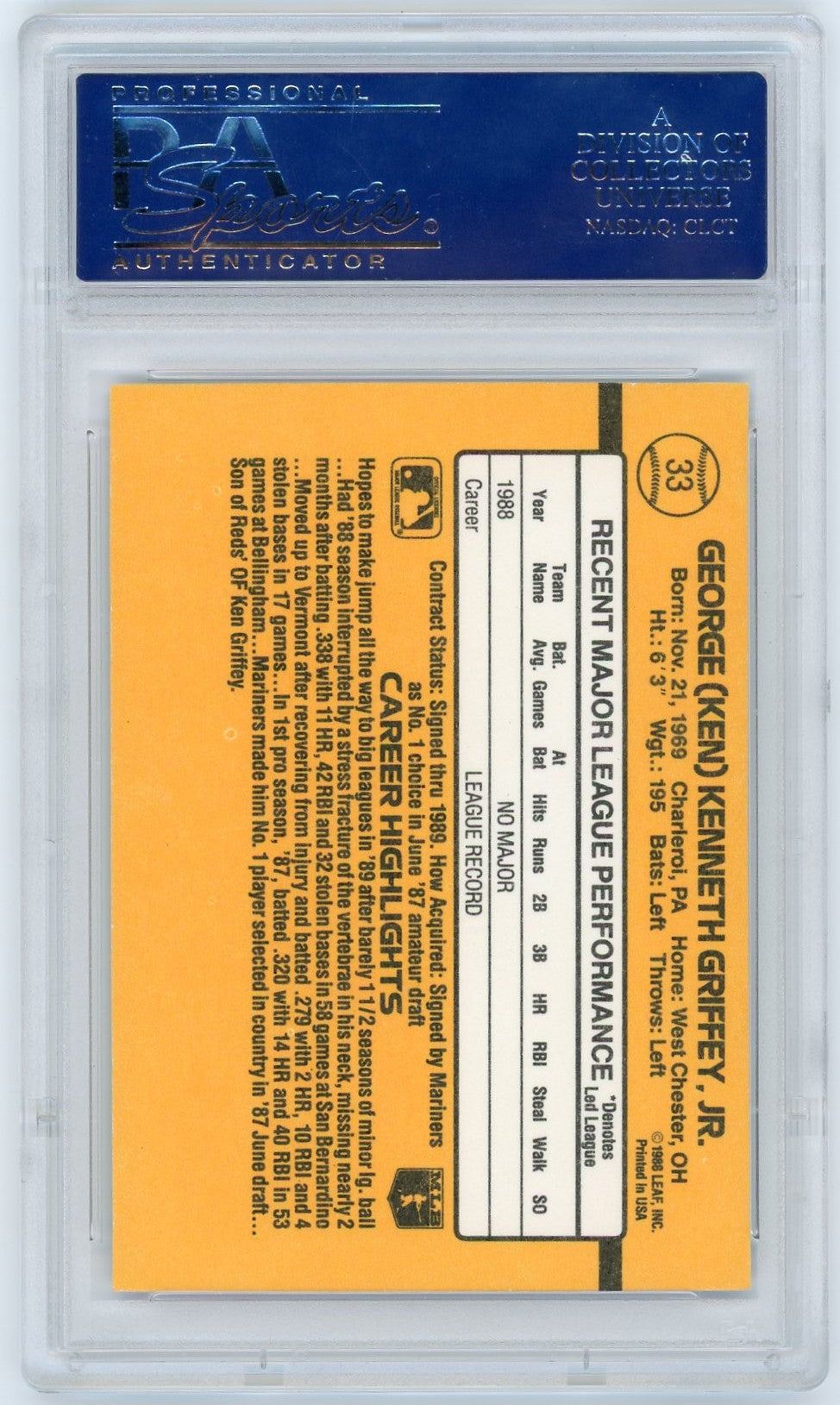 1989 Donruss Ken Griffey JR. #33 PSA 10