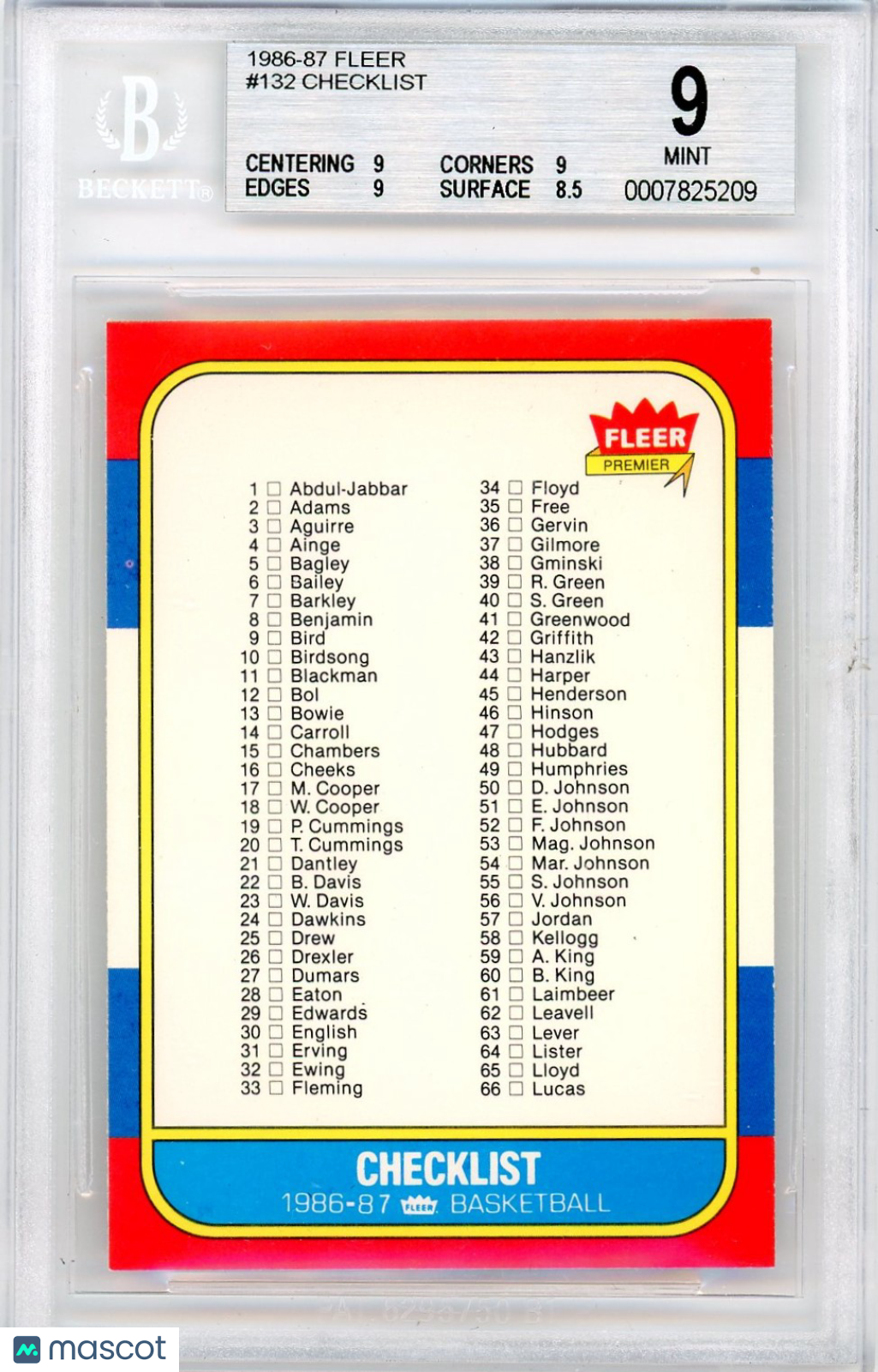 1986 Fleer Checklist #132 BGS 9