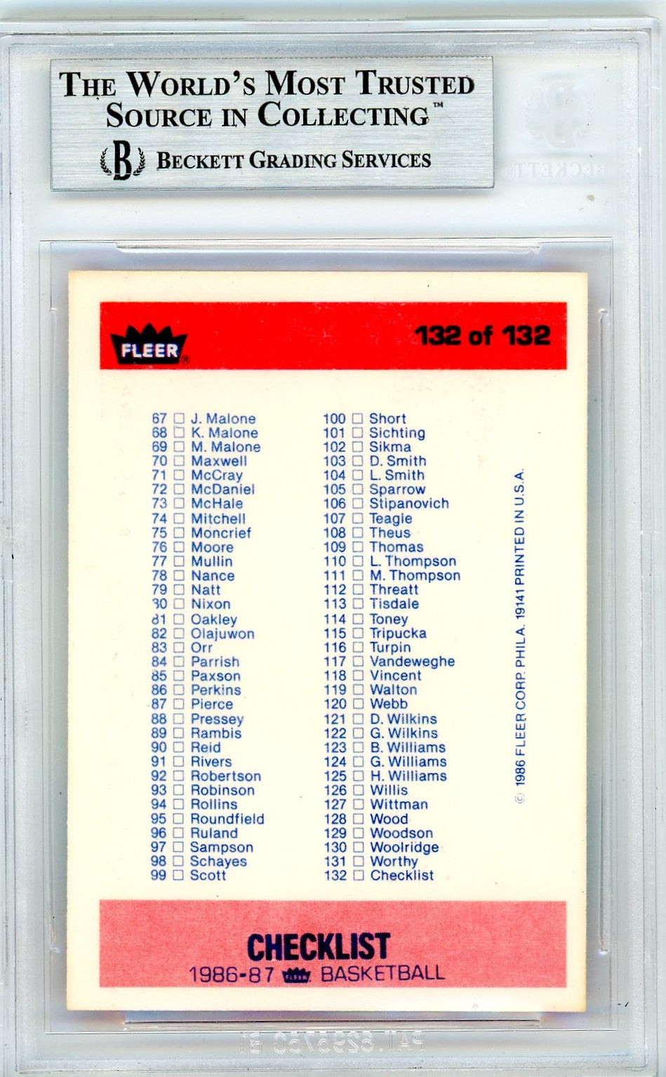 1986 Fleer Checklist #132 BGS 9