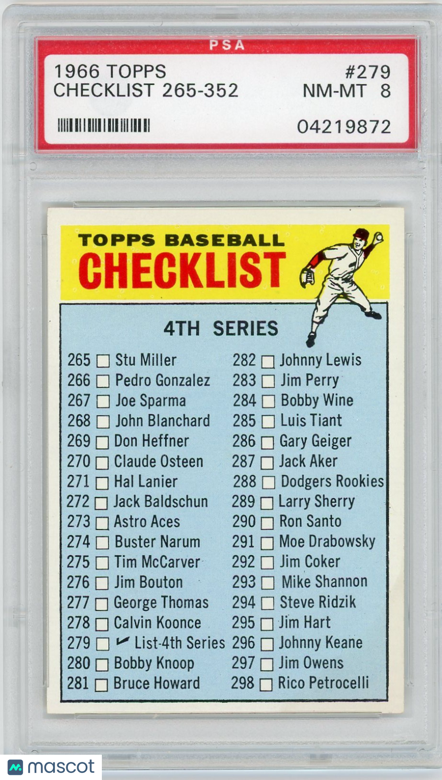 1966 Topps Checklist 265-352 #279 Player's Cap Black PSA 8