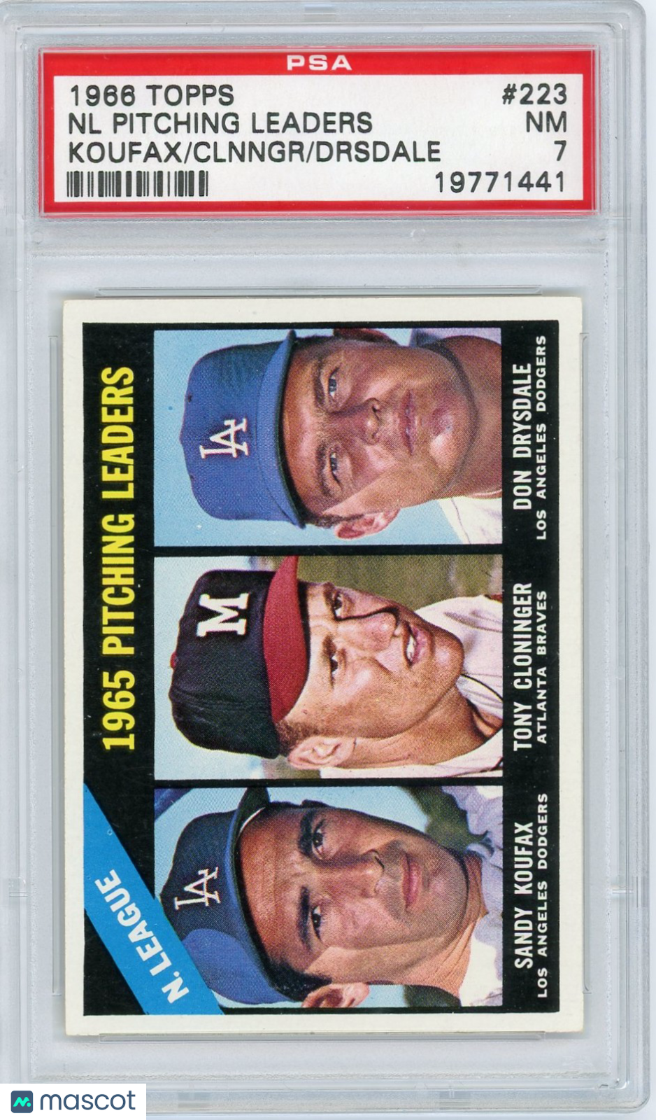 1966 Topps NL Pitching Leaders #223 Koufax Clnngr Drsdale PSA 7