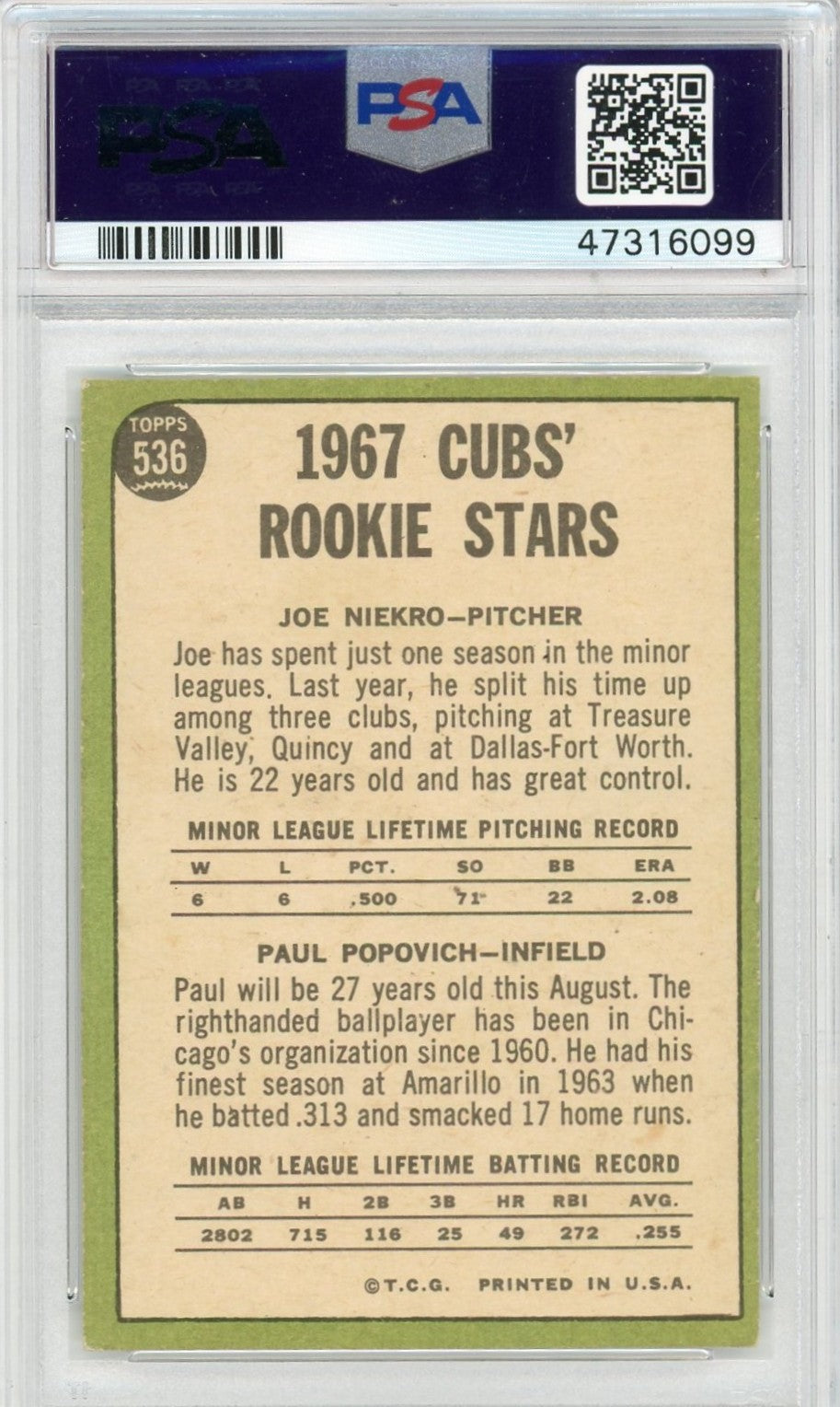 1967 Topps Cubs Rookies #536 J. Niekro P. Popovich PSA 6