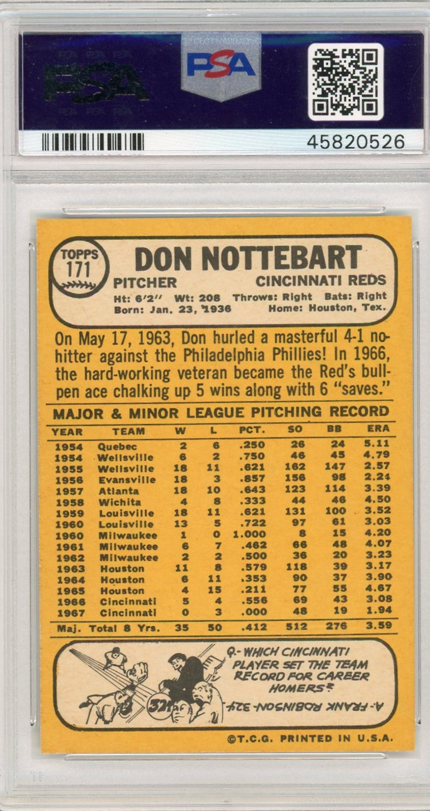 1968 Topps Don Nottebart #171 PSA 8