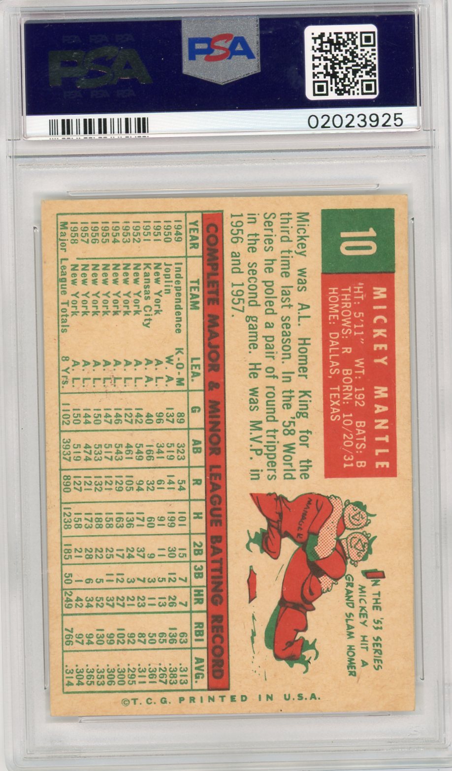1959 Topps Mickey Mantle #10 PSA 8