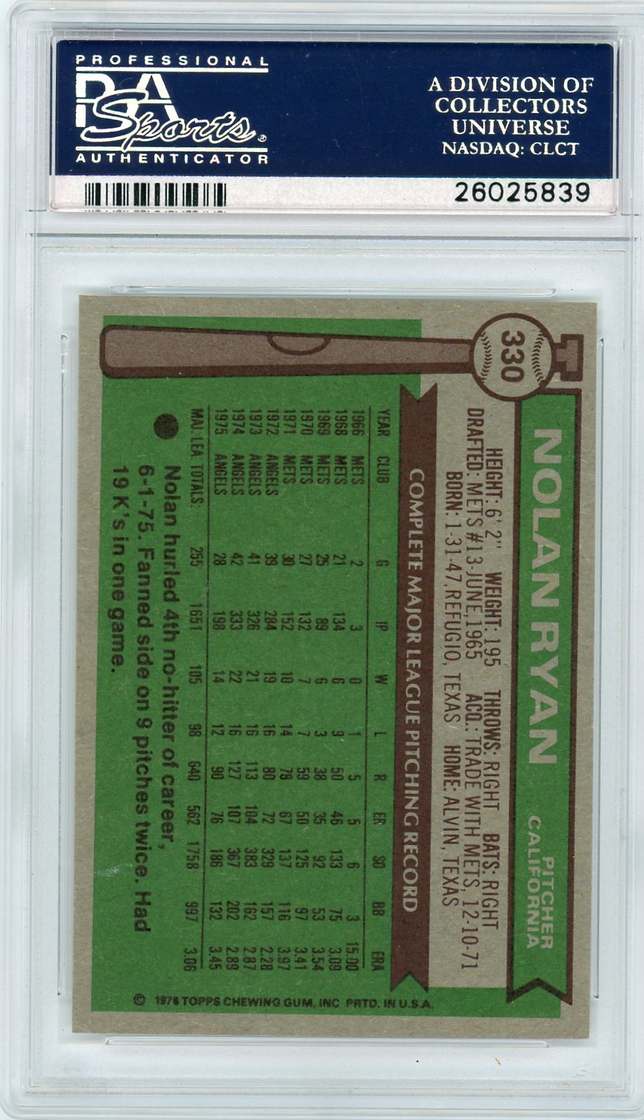 1976 Topps Nolan Ryan #330 PSA 9