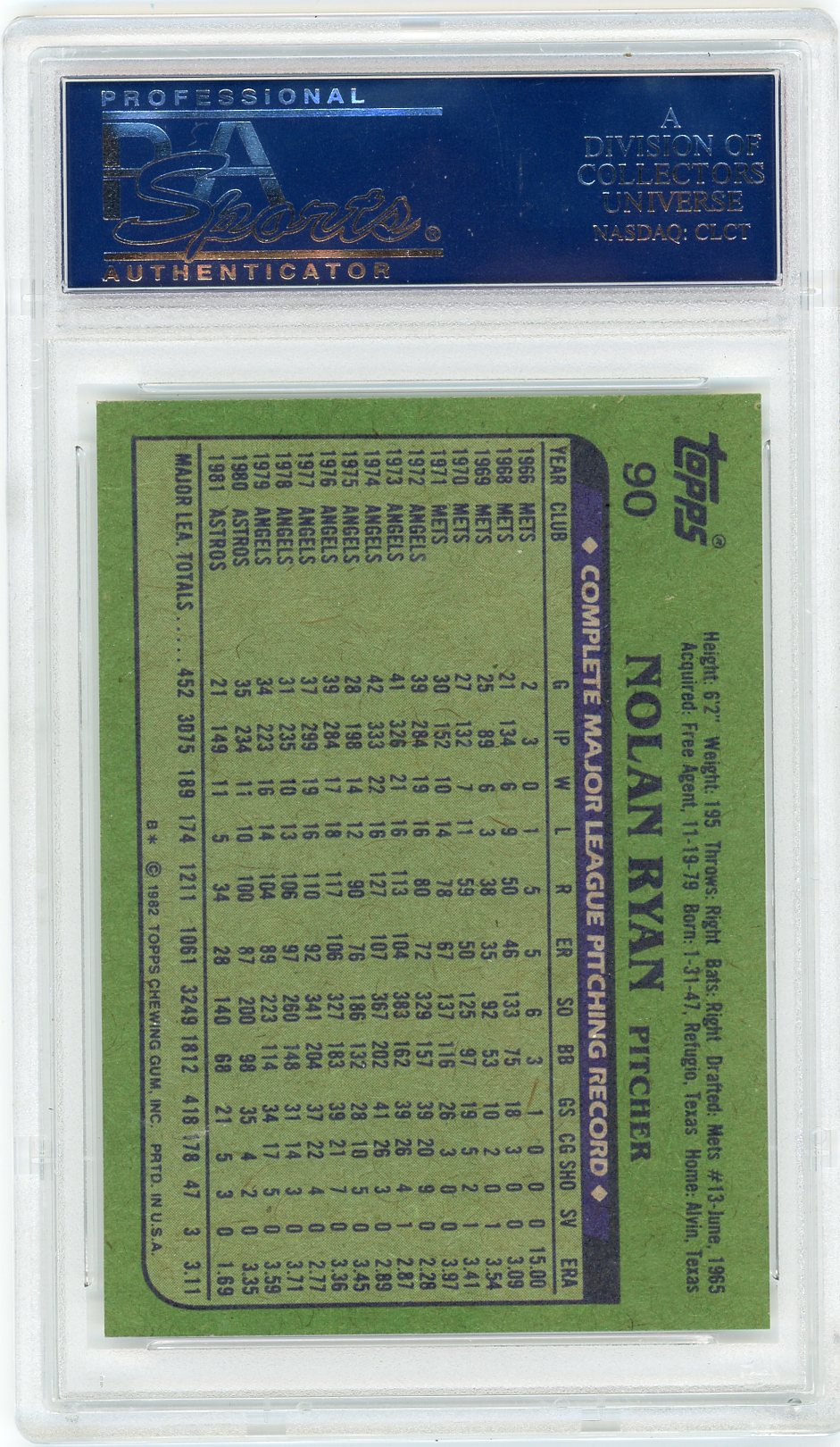 1982 Topps Nolan Ryan #90 PSA 10