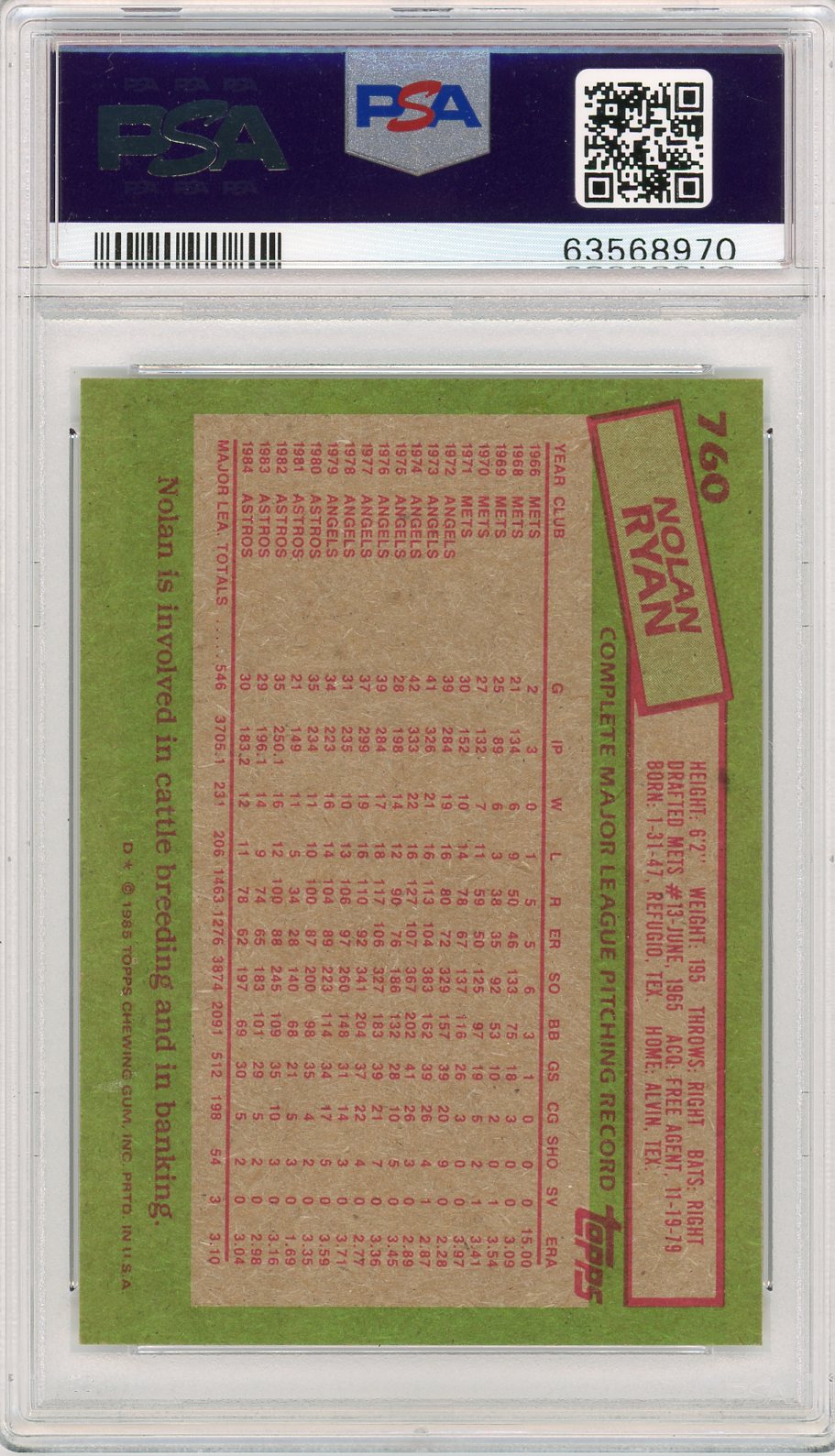 1985 Topps Nolan Ryan #760 PSA 10