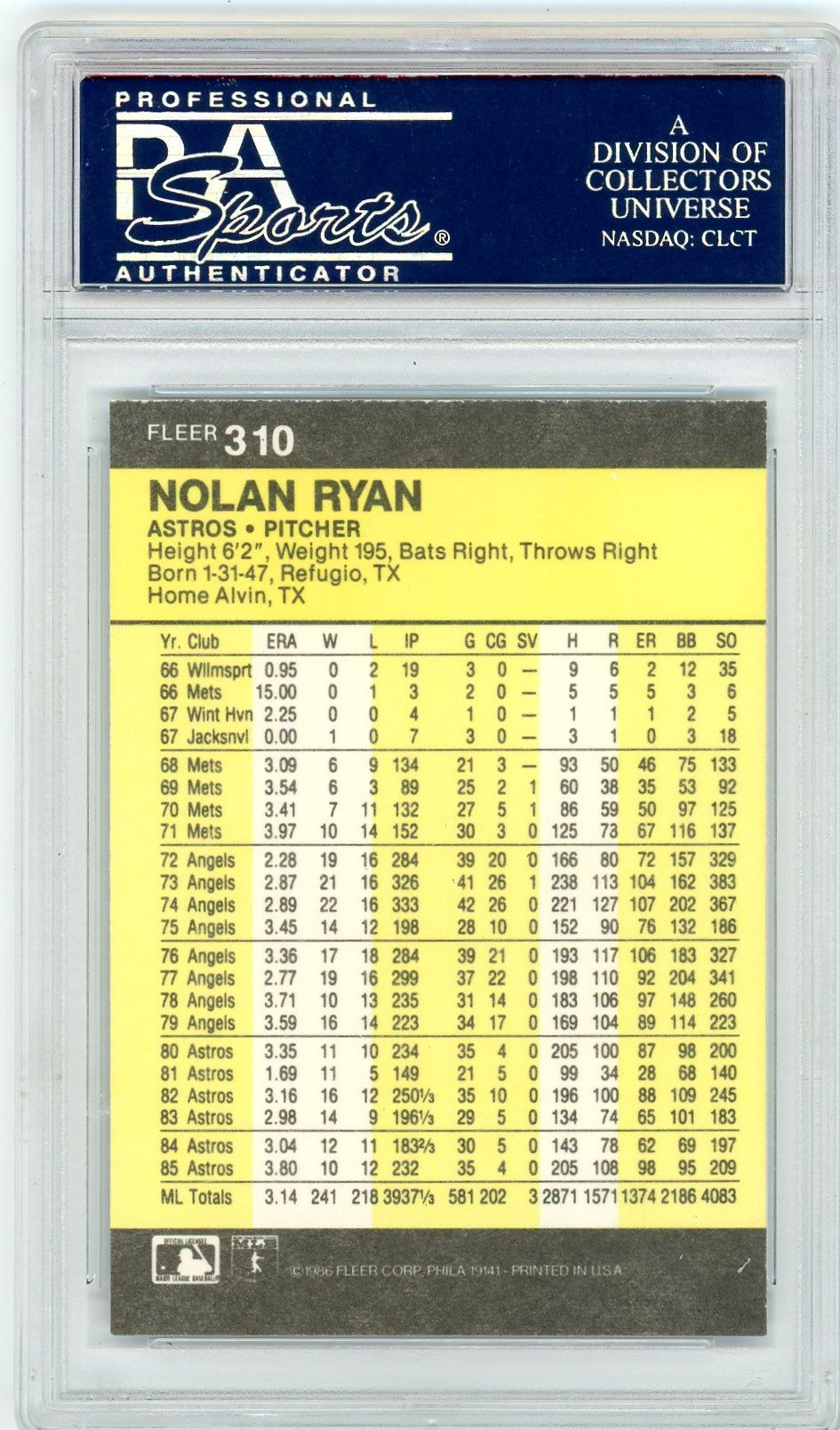 1986 Fleer Nolan Ryan #310 PSA 10