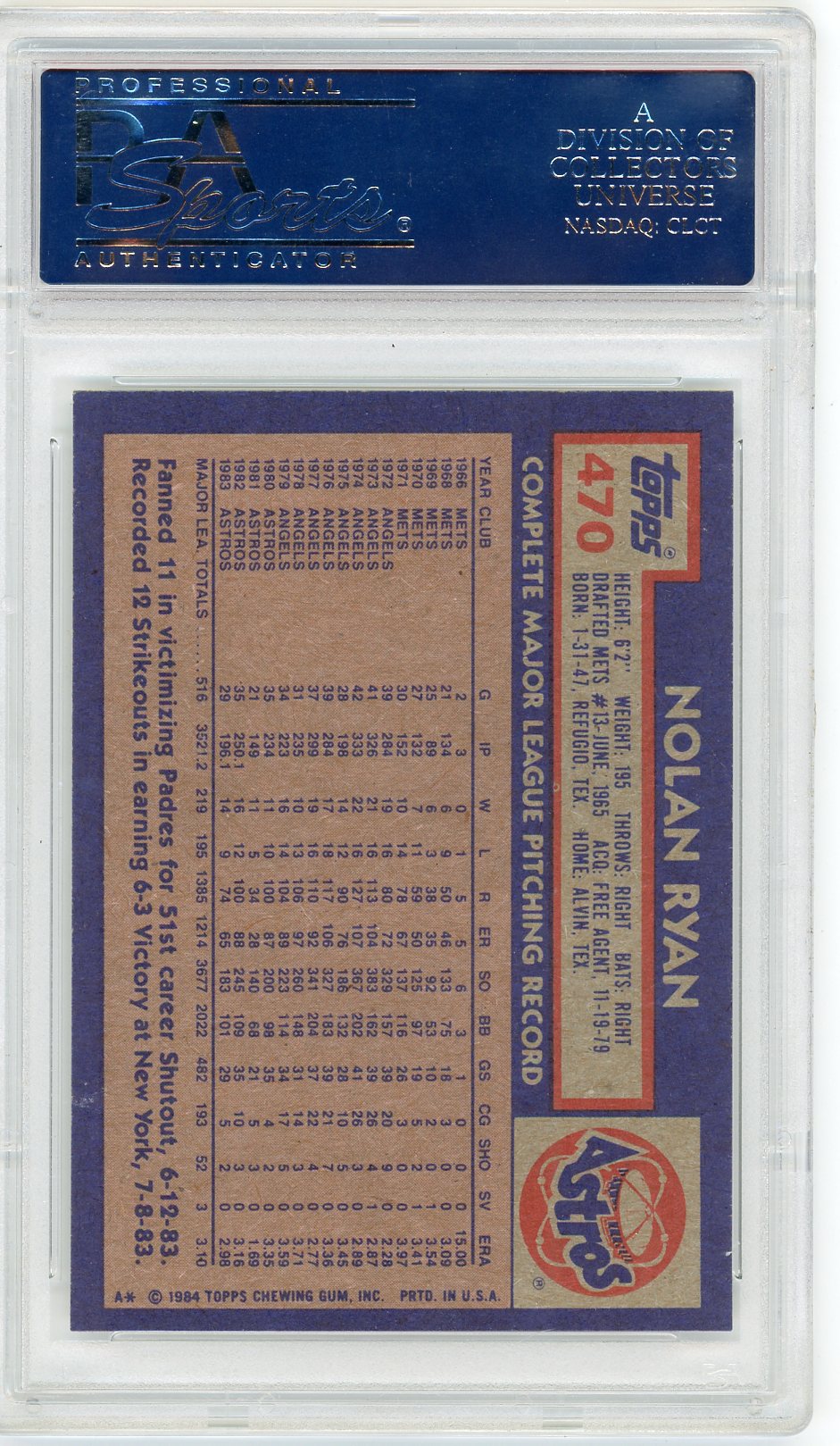 1984 Topps Nolan Ryan #470 PSA 10