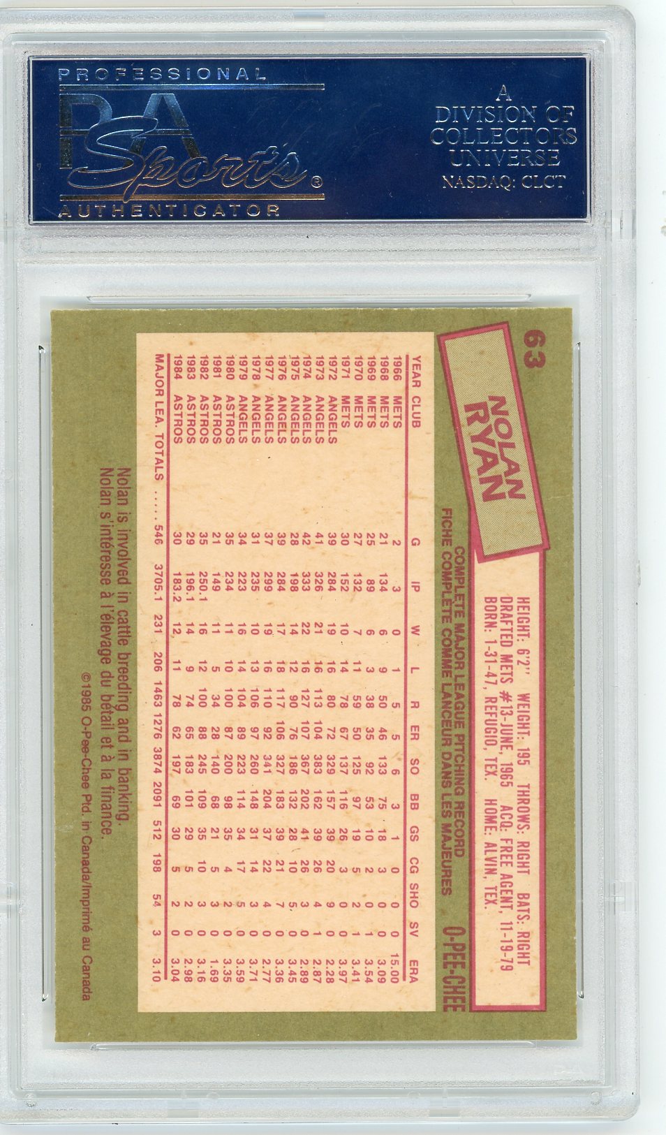 1985 O-Pee-Chee Nolan Ryan #63 PSA 10