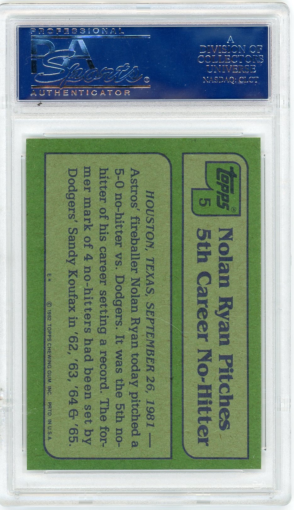 1982 Topps Nolan Ryan #5 PSA 10