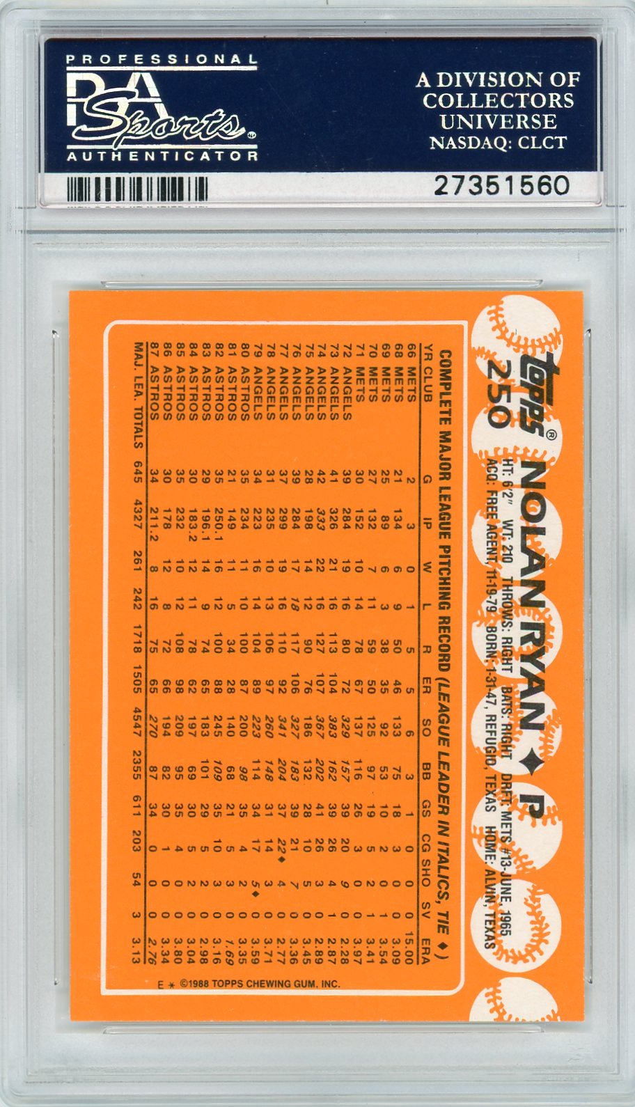 1988 Topps Tiffany Nolan Ryan #250 PSA 10