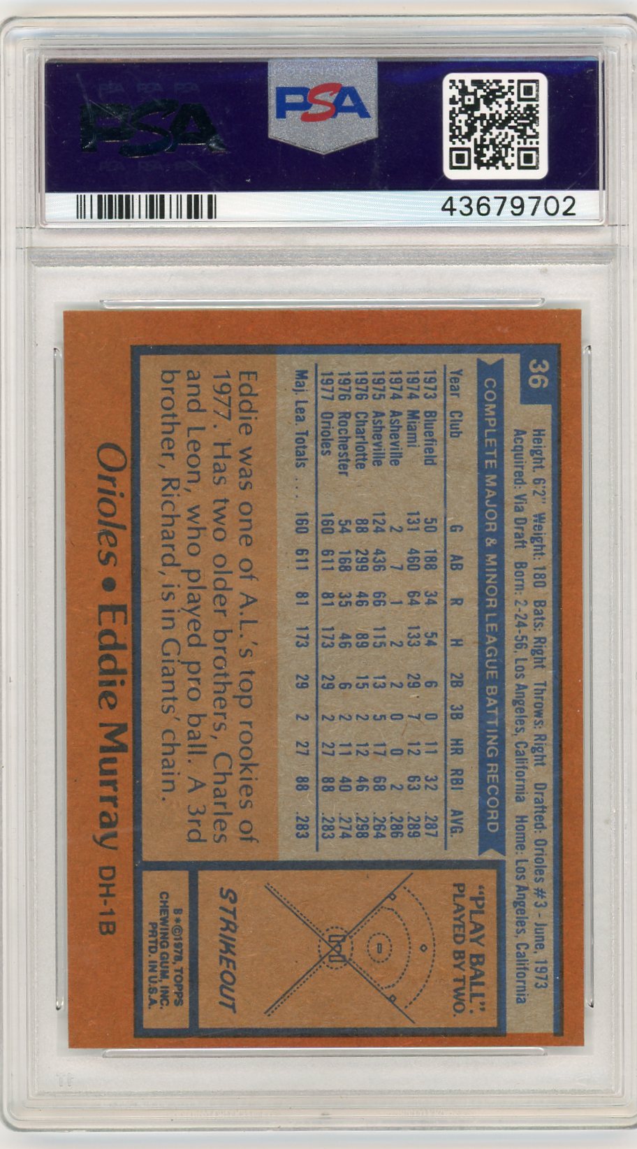 1978 Topps Eddie Murray #36 PSA 8