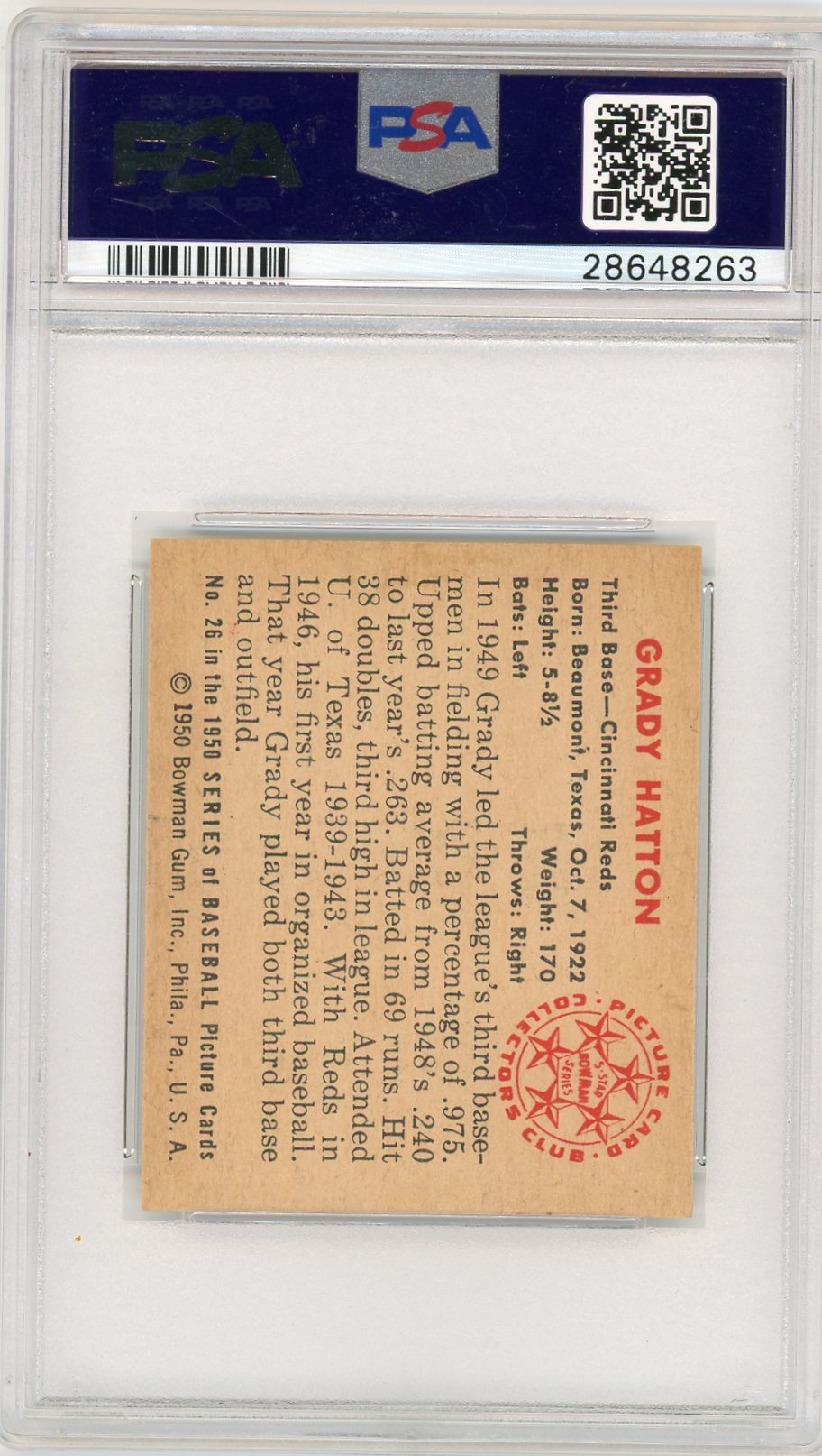 1950 Bowman Grady Hatton #26 PSA 7