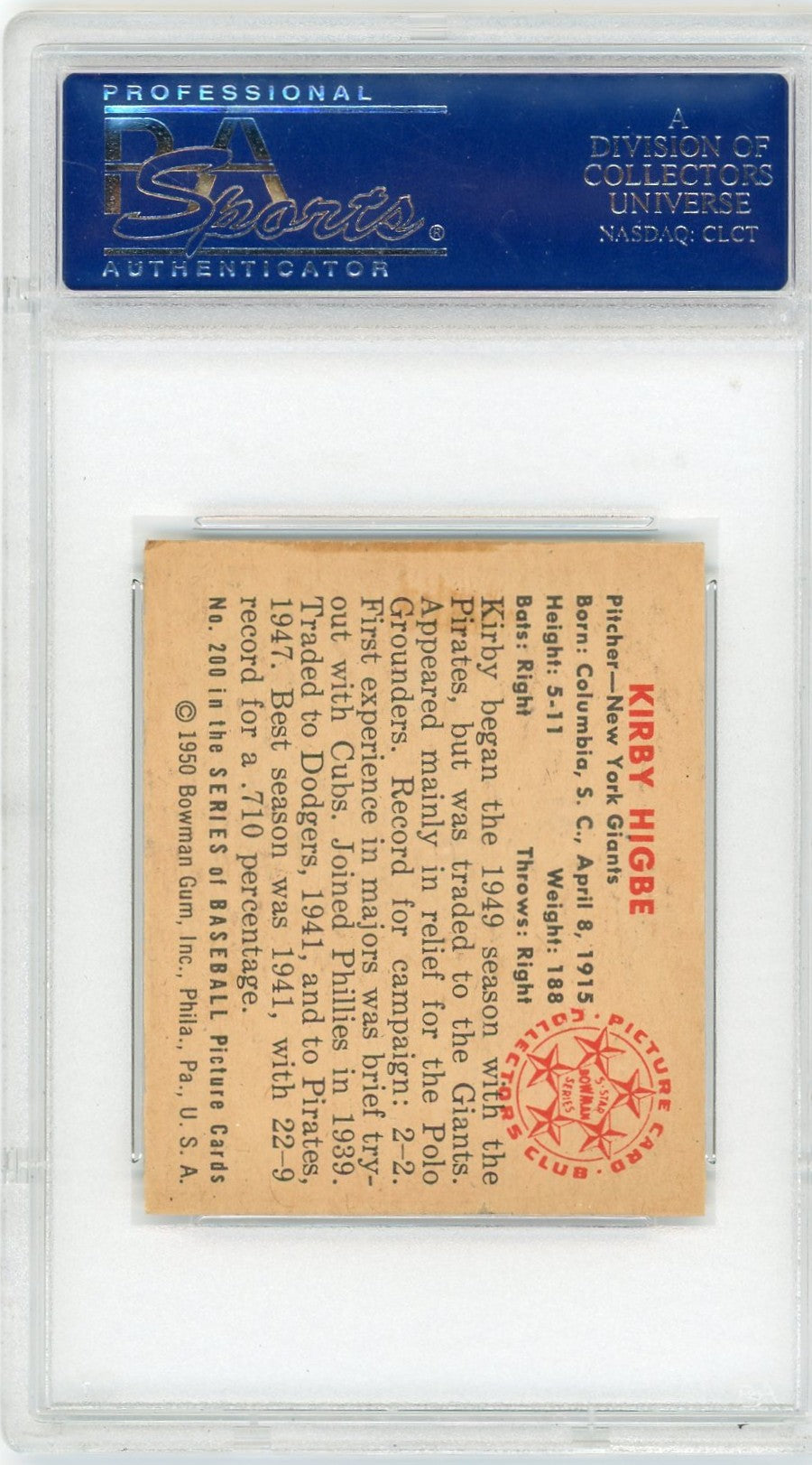 1950 Bowman Kirby Higbe #200 PSA 6.5