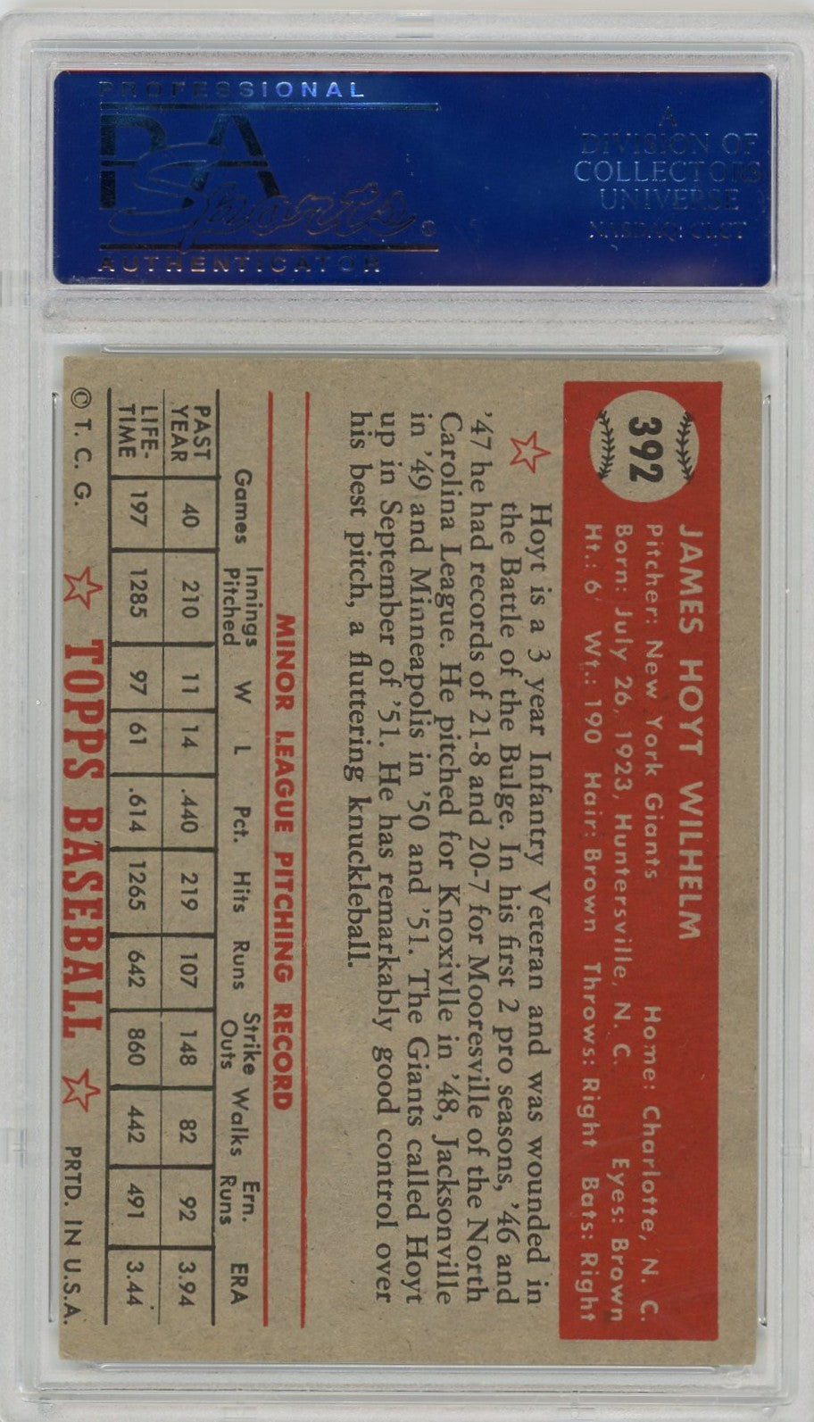 1952 Topps Hoyt Wilhelm #392 PSA 5