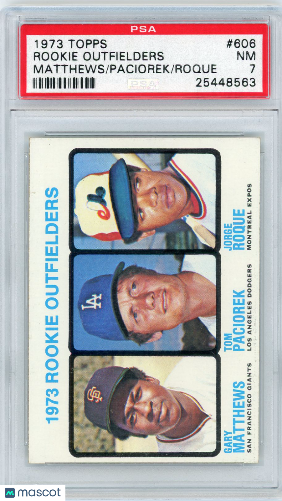 1973 Topps Rookie Outfielders #606 Matthews Paciorek Roque PSA 7