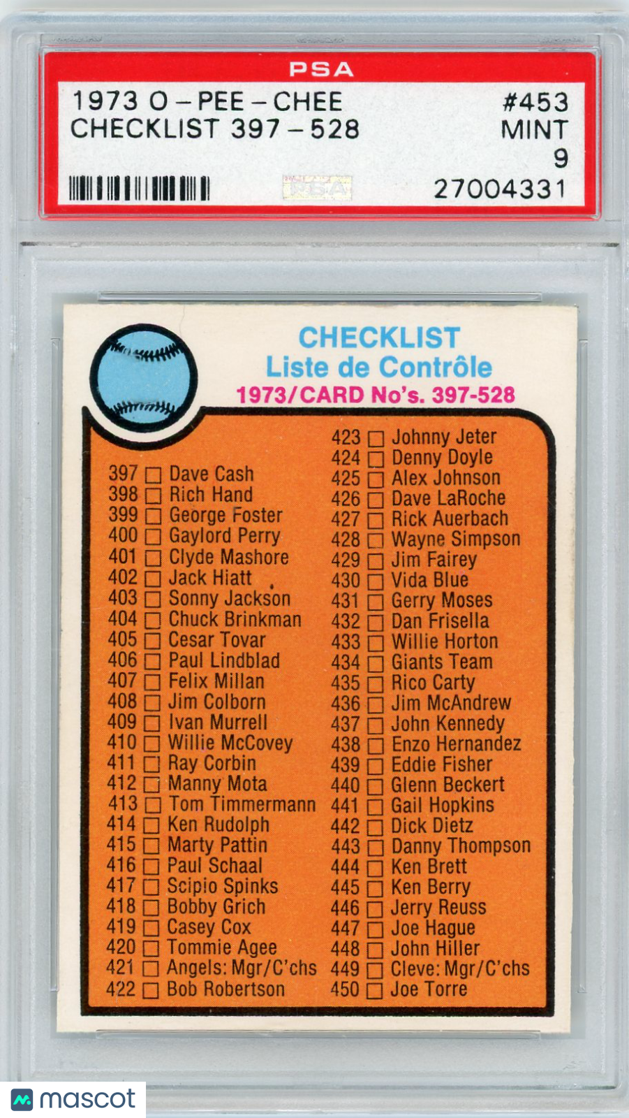 1973 O-Pee-Chee Checklist 397-528 #453 PSA 9
