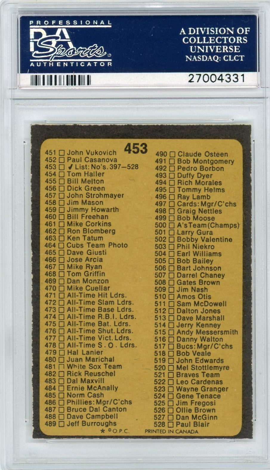 1973 O-Pee-Chee Checklist 397-528 #453 PSA 9