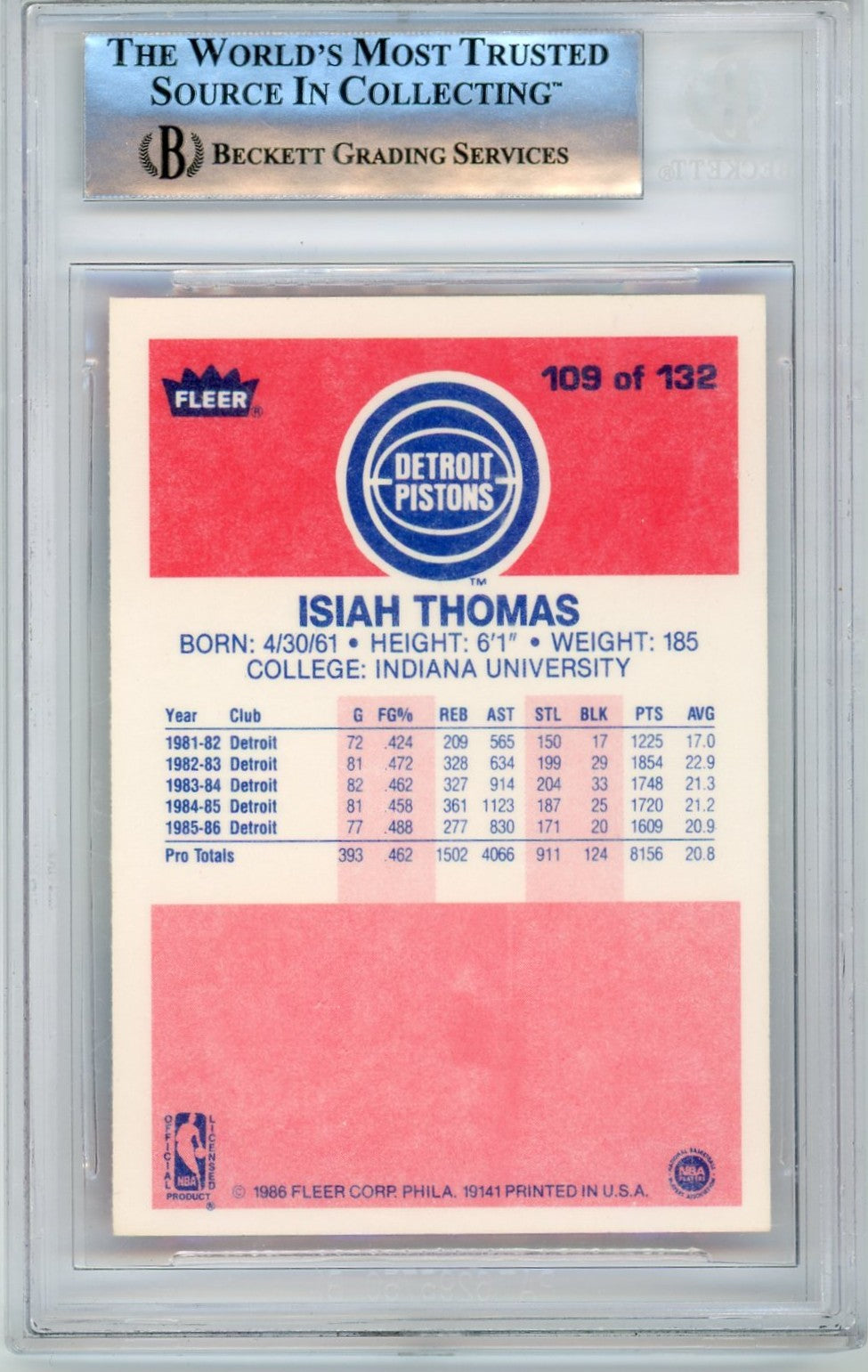 1986 Fleer Isiah Thomas #109 BGS 8.5 Rookie