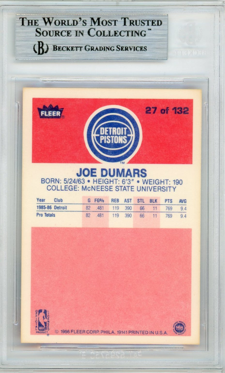 1986 Fleer Joe Dumars #27 BGS 8.5