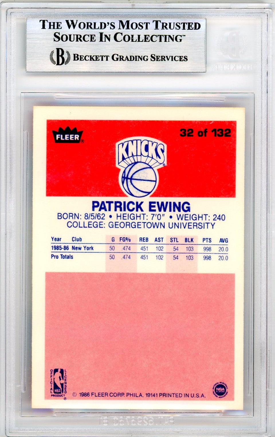 1986 Fleer Patrick Ewing #32 BGS 8.5