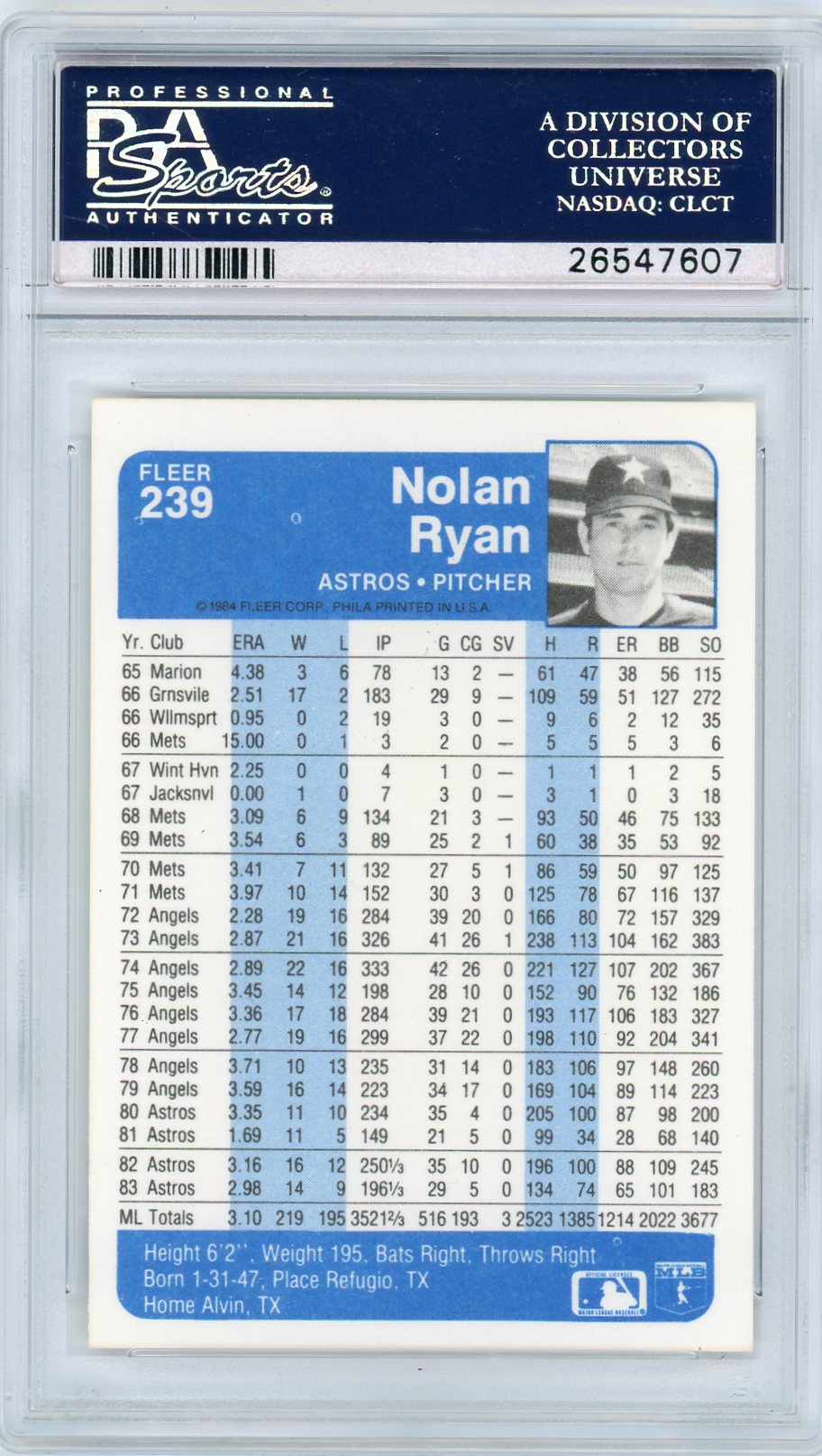 1984 Fleer Nolan Ryan #239 PSA 10