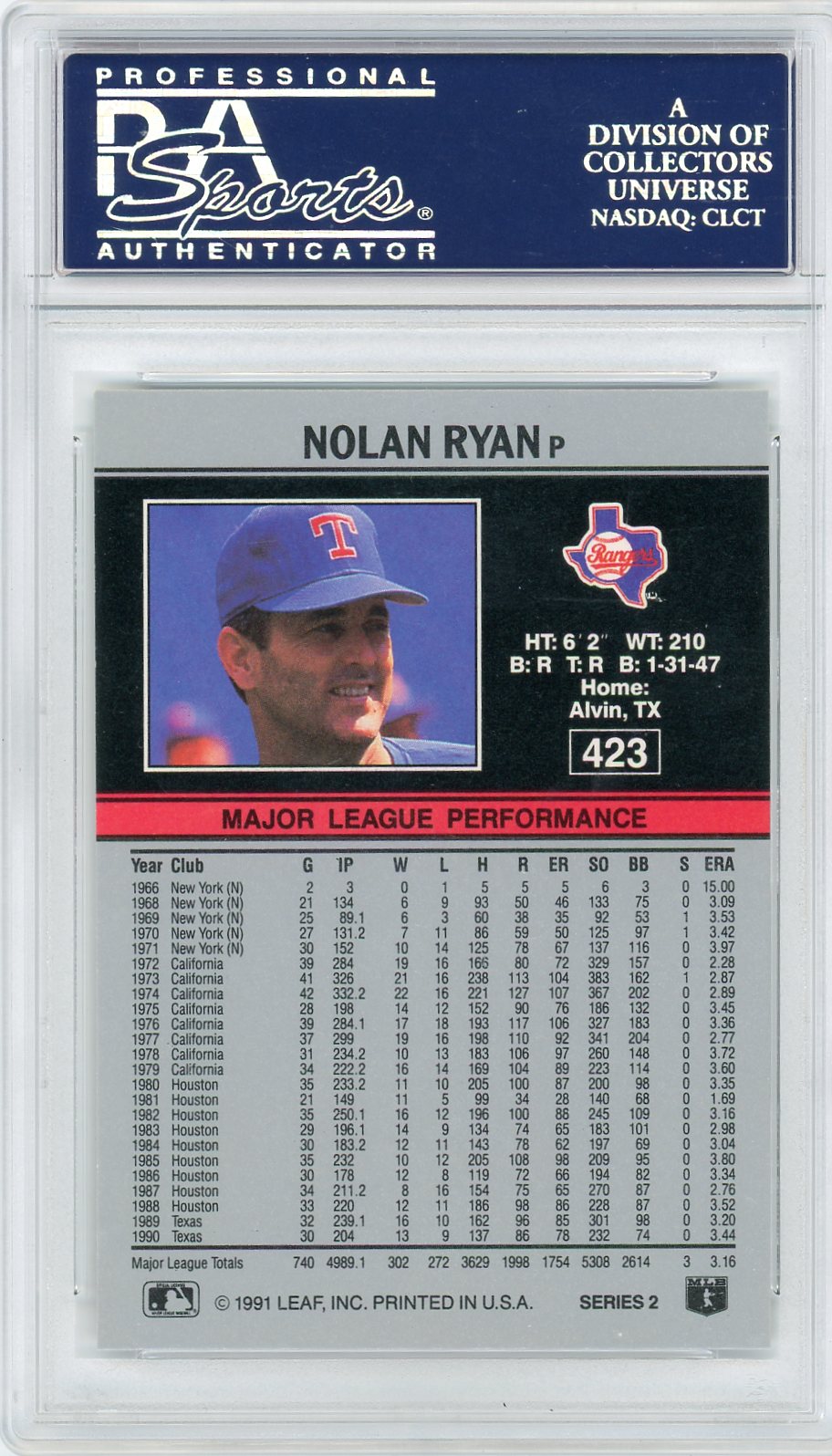1991 Leaf Nolan Ryan #423 PSA 10