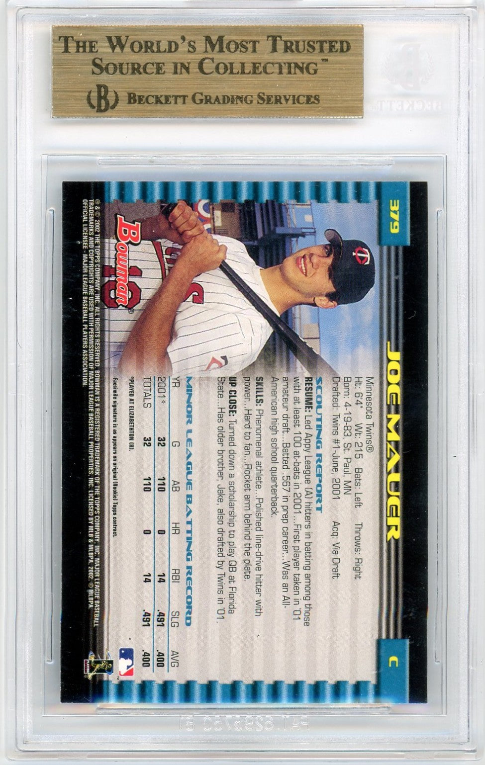2002 Bowman Joe Mauer #379 BGS 9.5