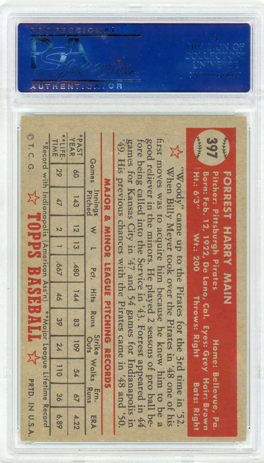 1952 Topps Forrest Main #397 PSA 5
