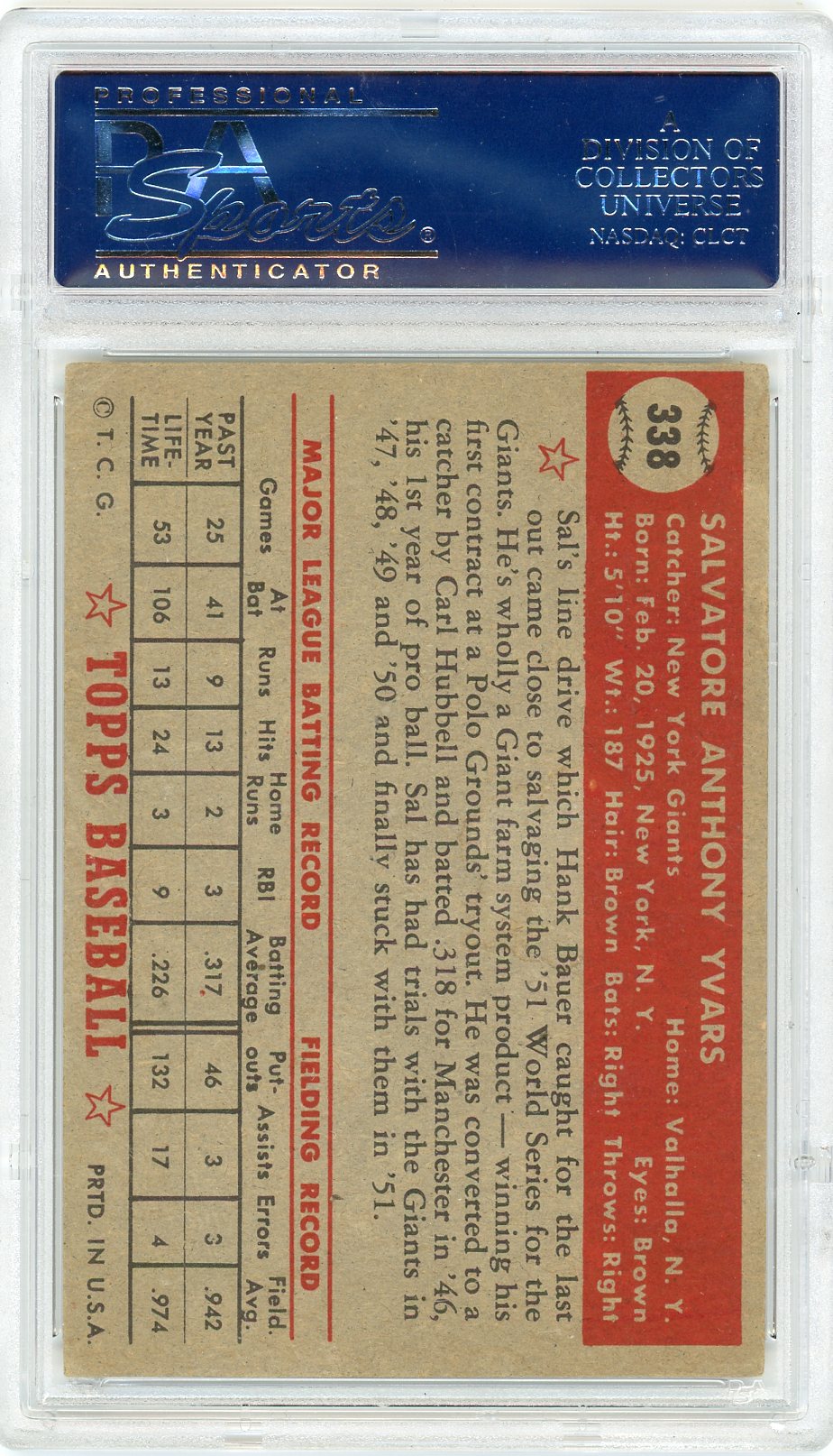1952 Topps Sal Yvars #338 PSA 4