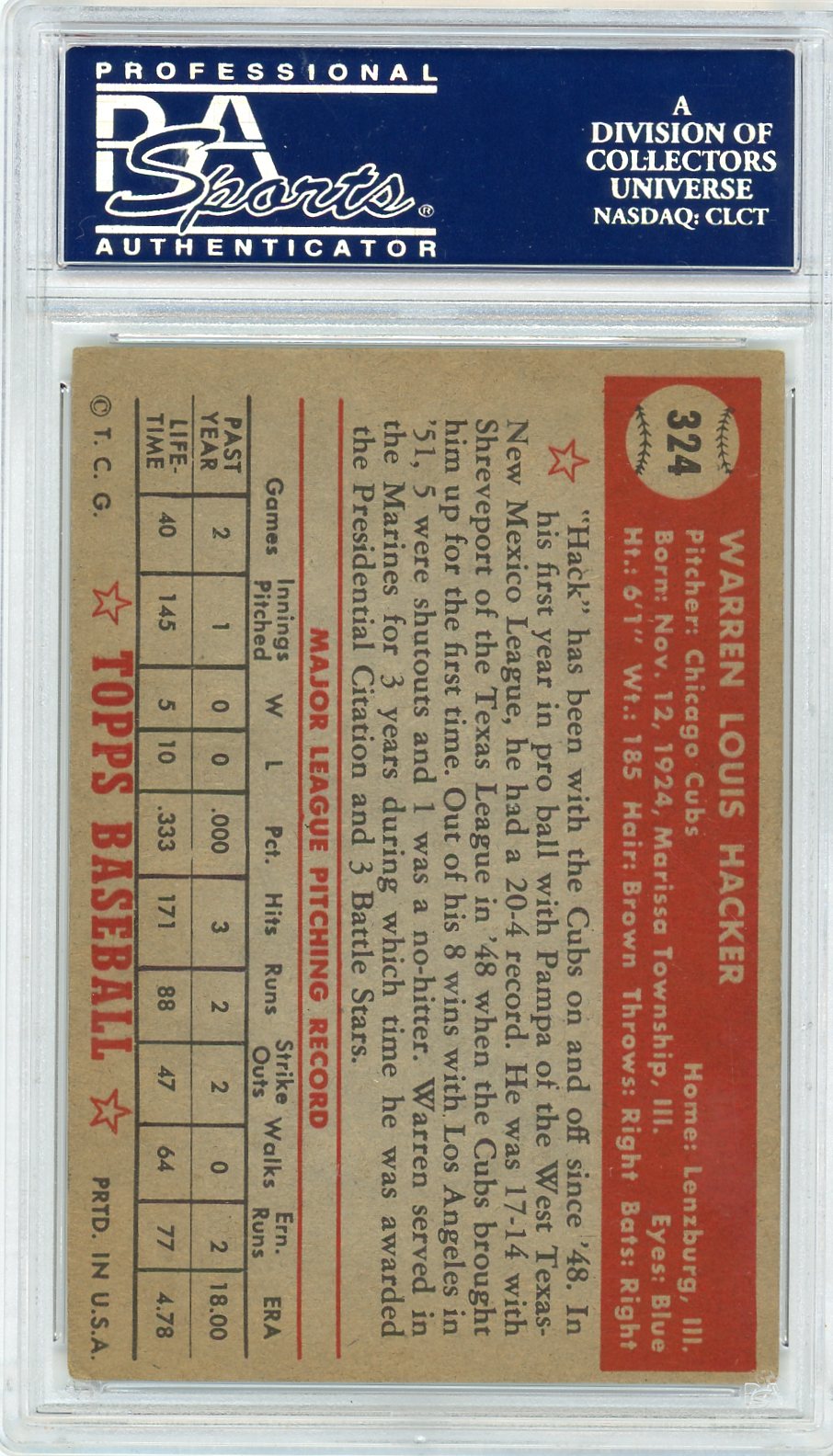 1952 Topps Warren Hacker #324 PSA 4