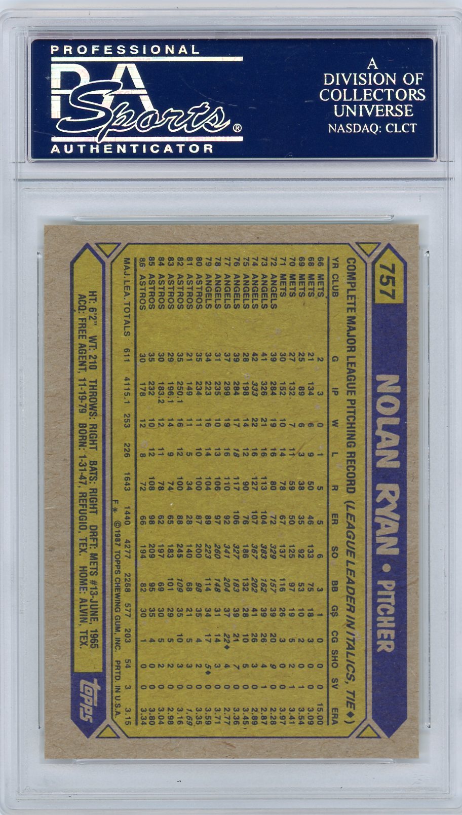 1987 Topps Nolan Ryan #757 PSA 10