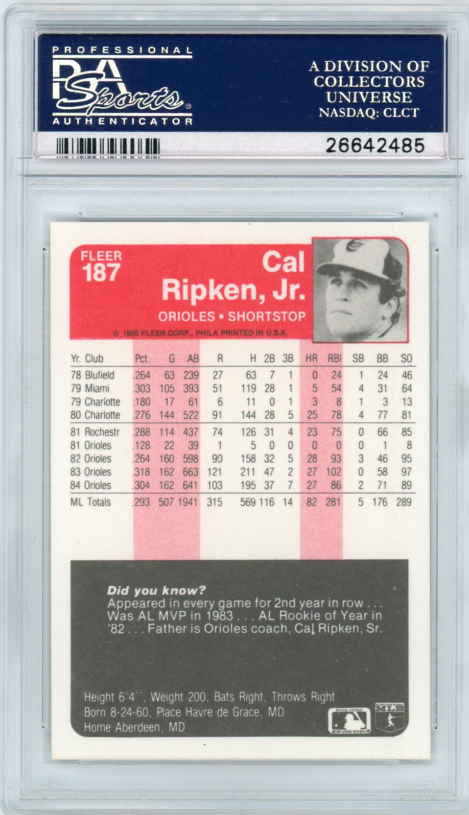 1985 Fleer Cal Ripken JR. #187 PSA 10