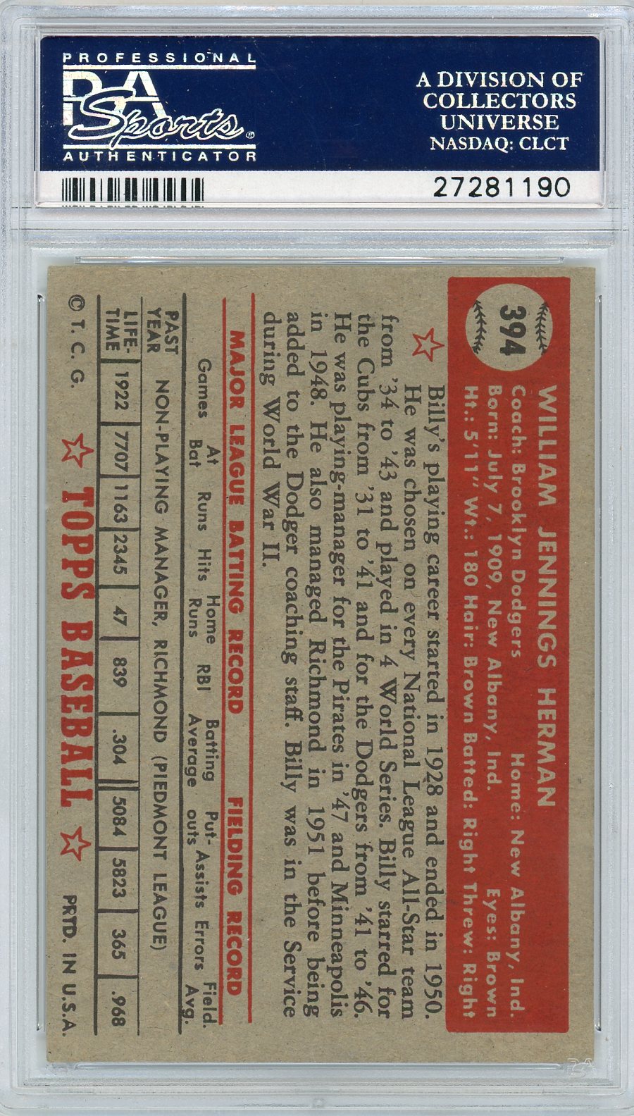 1952 Topps Billy Herman #394 PSA 4