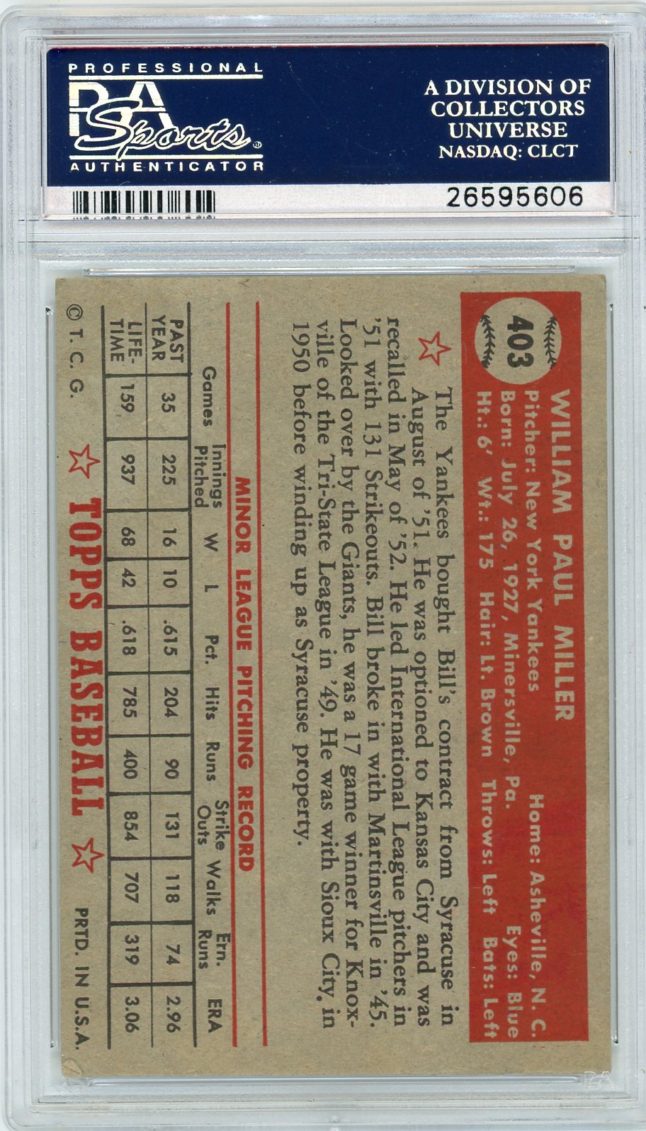 1952 Topps Bill Miller #403 PSA 4
