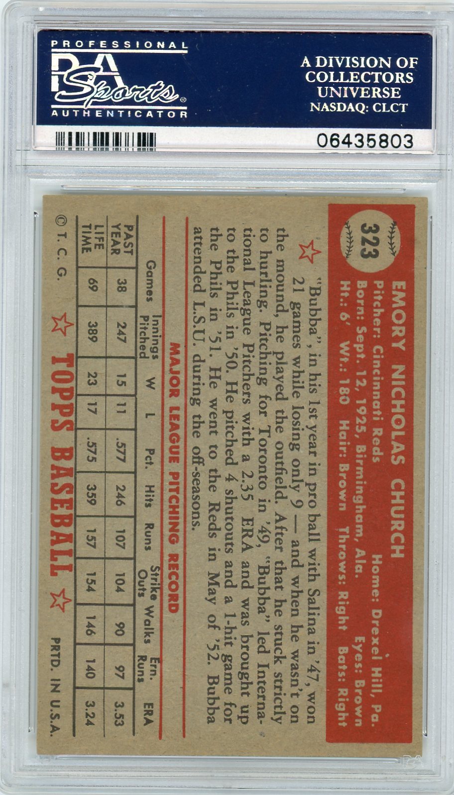 1952 Topps Bubba Church #323 PSA 4