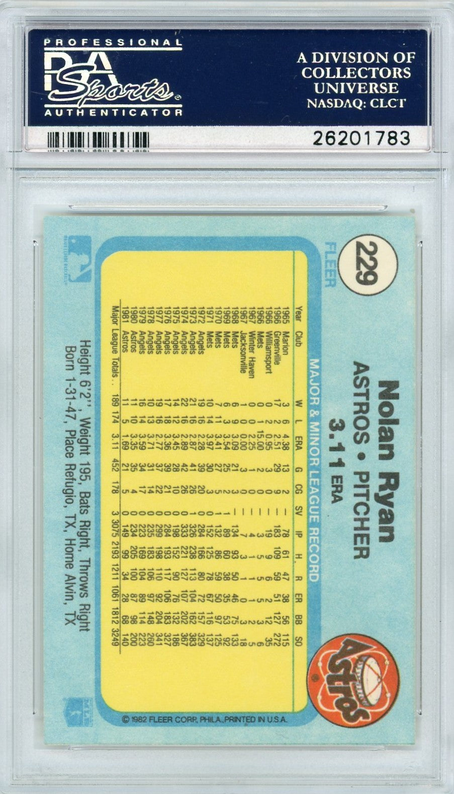 1982 Fleer Nolan Ryan #229 PSA 10