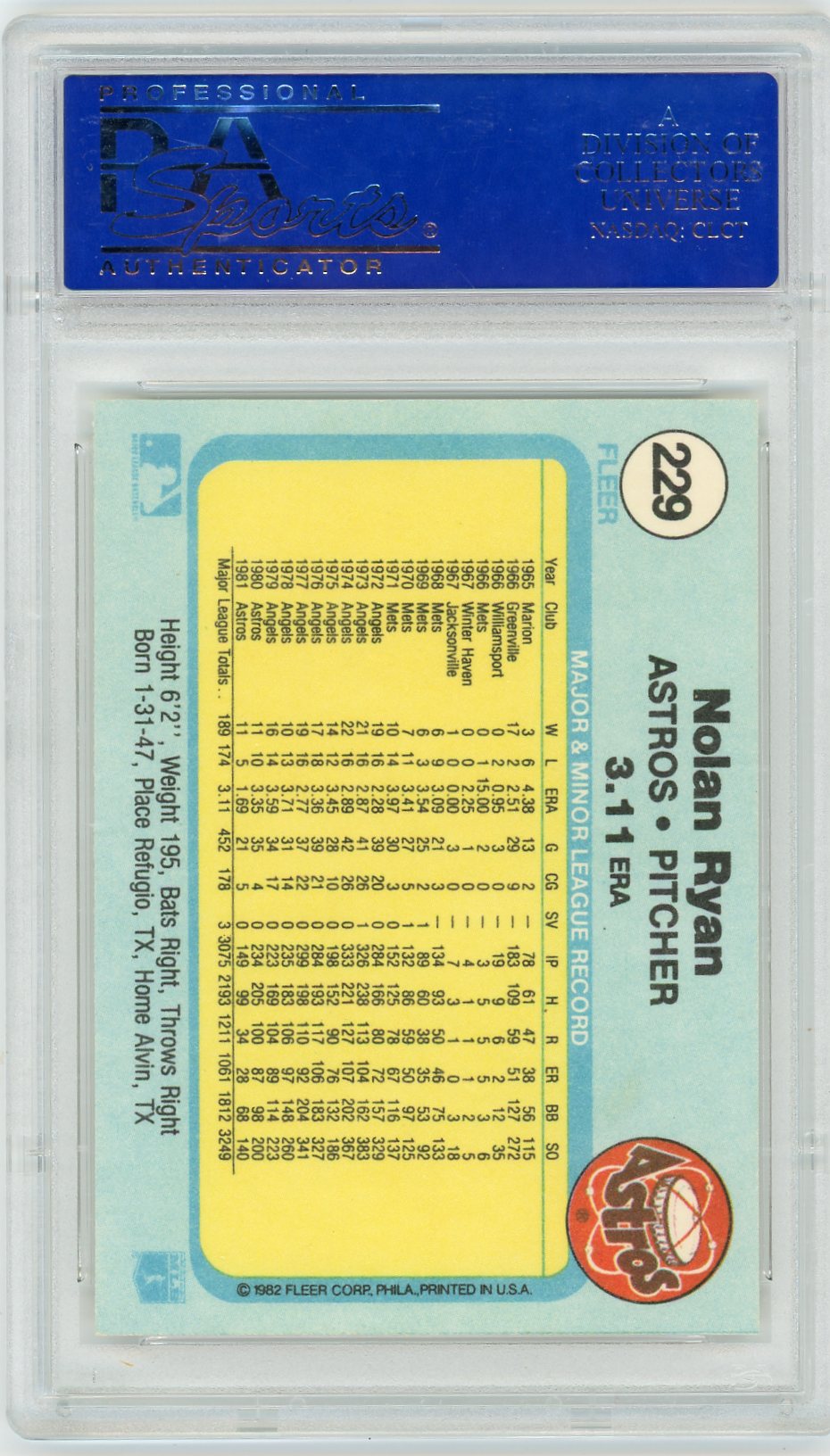 1982 Fleer Nolan Ryan #229 PSA 10