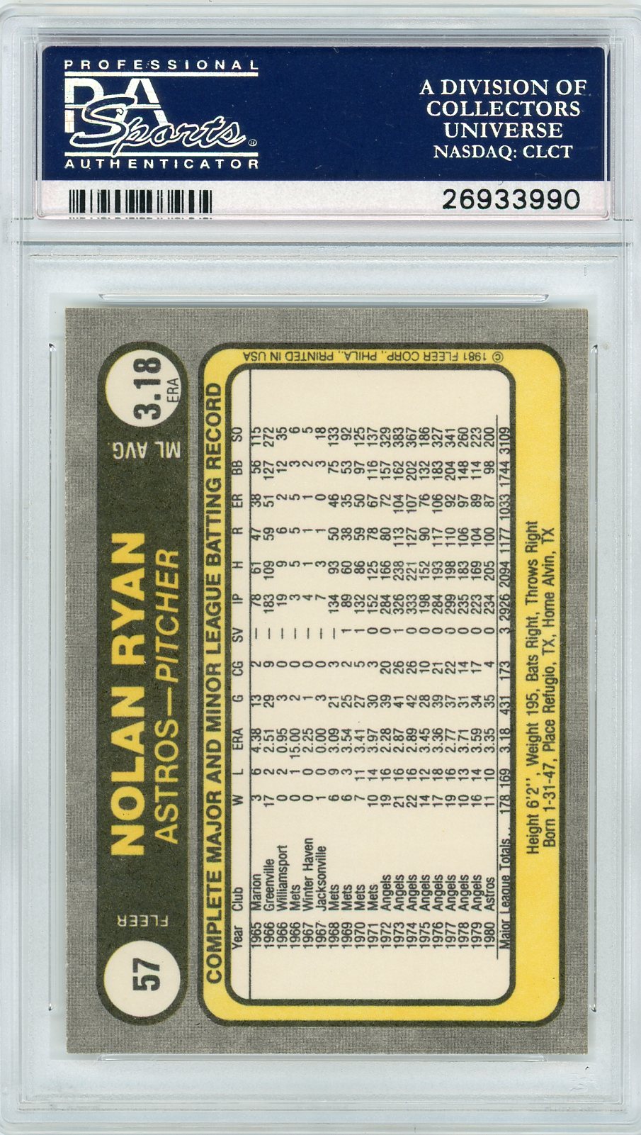 1981 Fleer Nolan Ryan #57 PSA 10