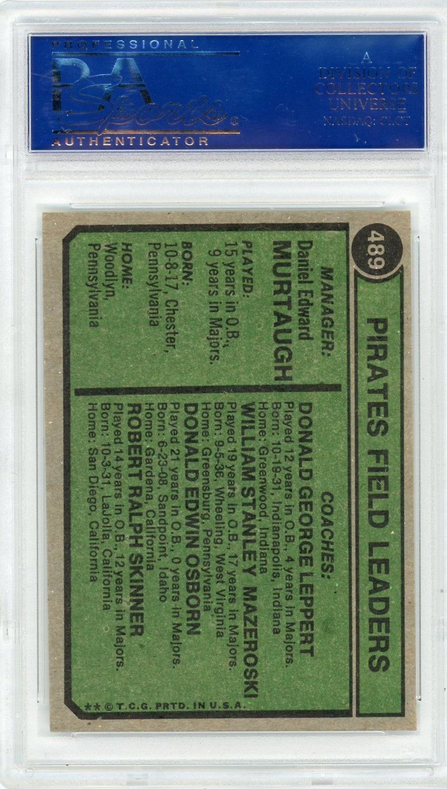 1974 Topps Pirates MGR. #489 Coaches PSA 9