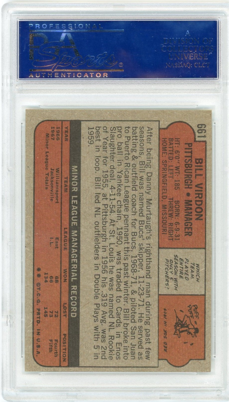 1972 Topps Bill Virdon #661 PSA 8