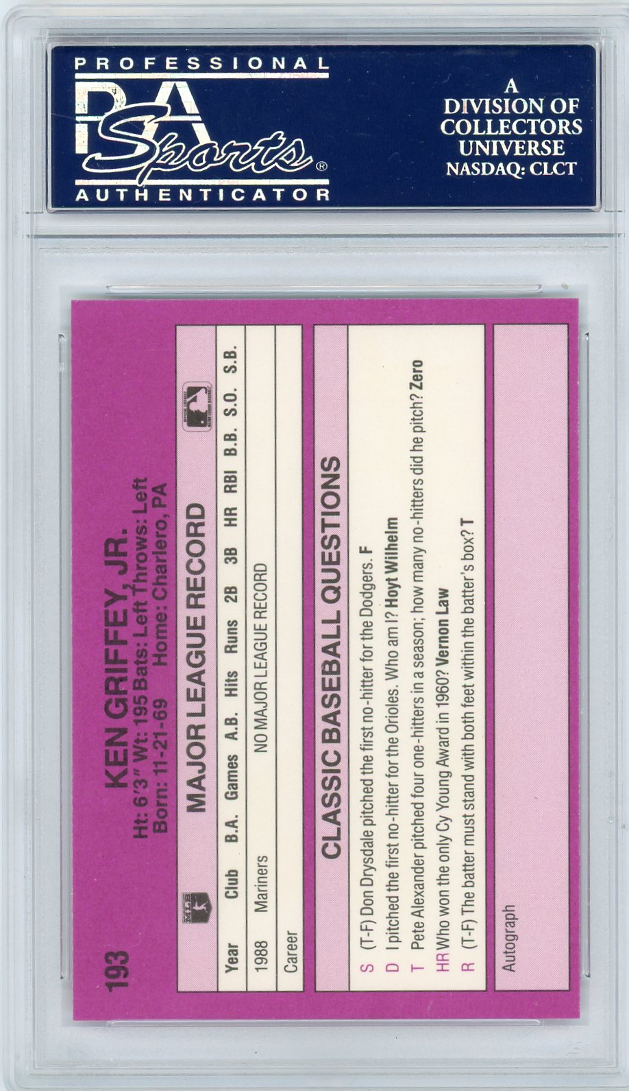 1989 Classic Travel Update II Ken Griffey JR. #193 PSA 10