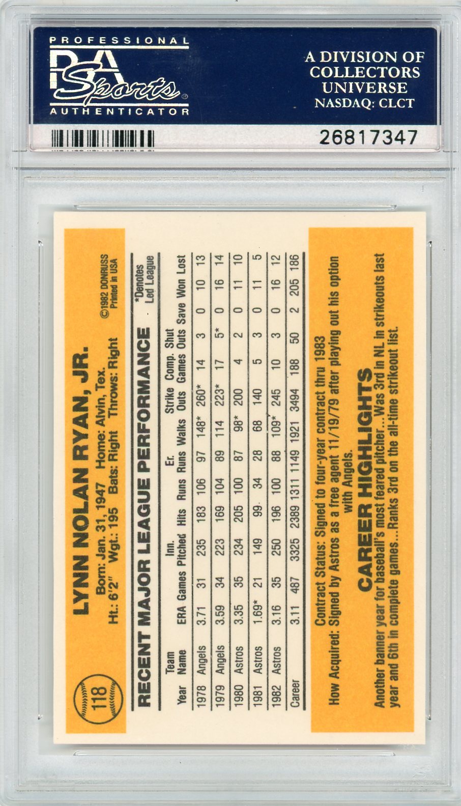 1983 Donruss Nolan Ryan #118 PSA 10