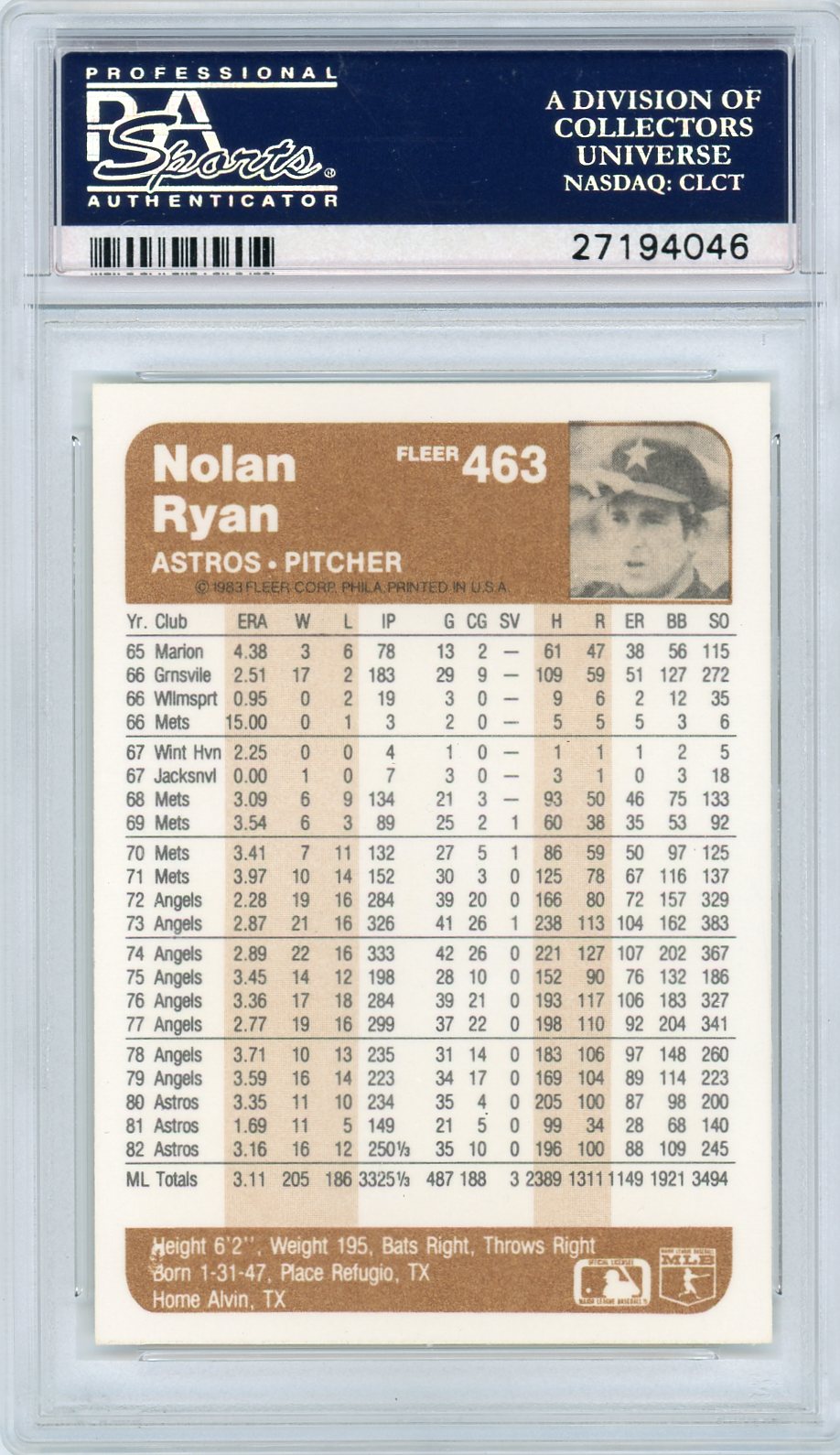 1983 Fleer Nolan Ryan #463 PSA 10
