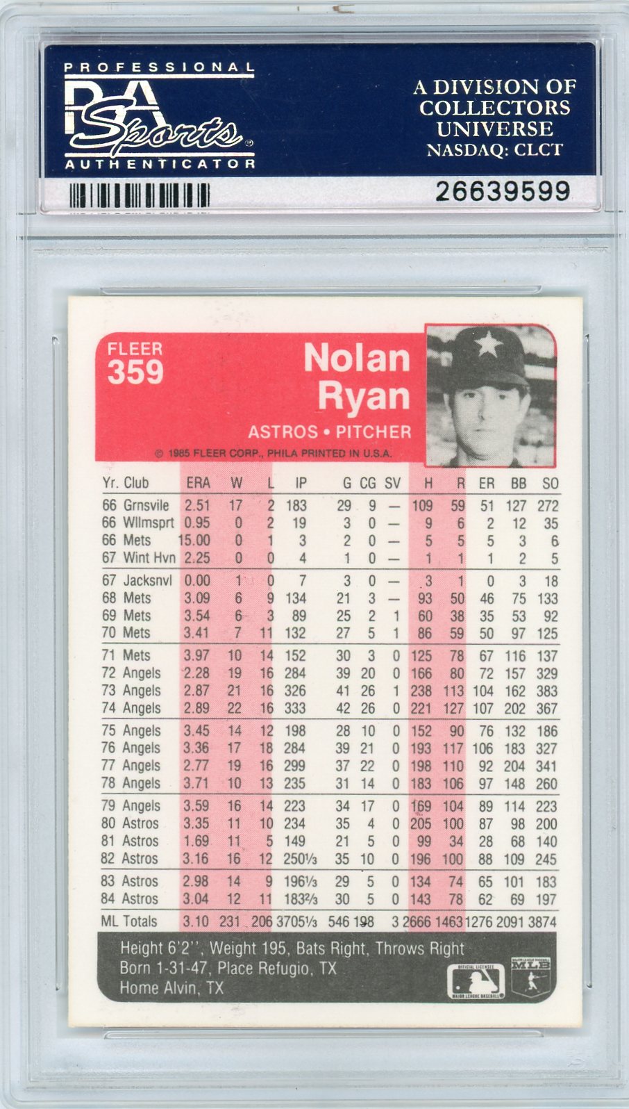 1985 Fleer Nolan Ryan #359 PSA 10
